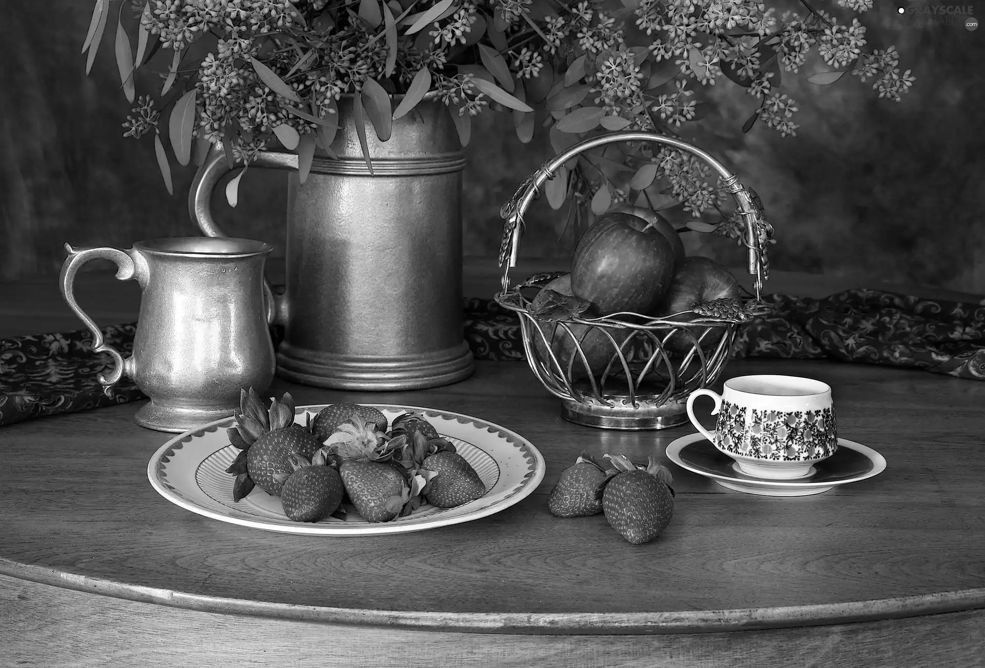 still life, apples, dishes, strawberries