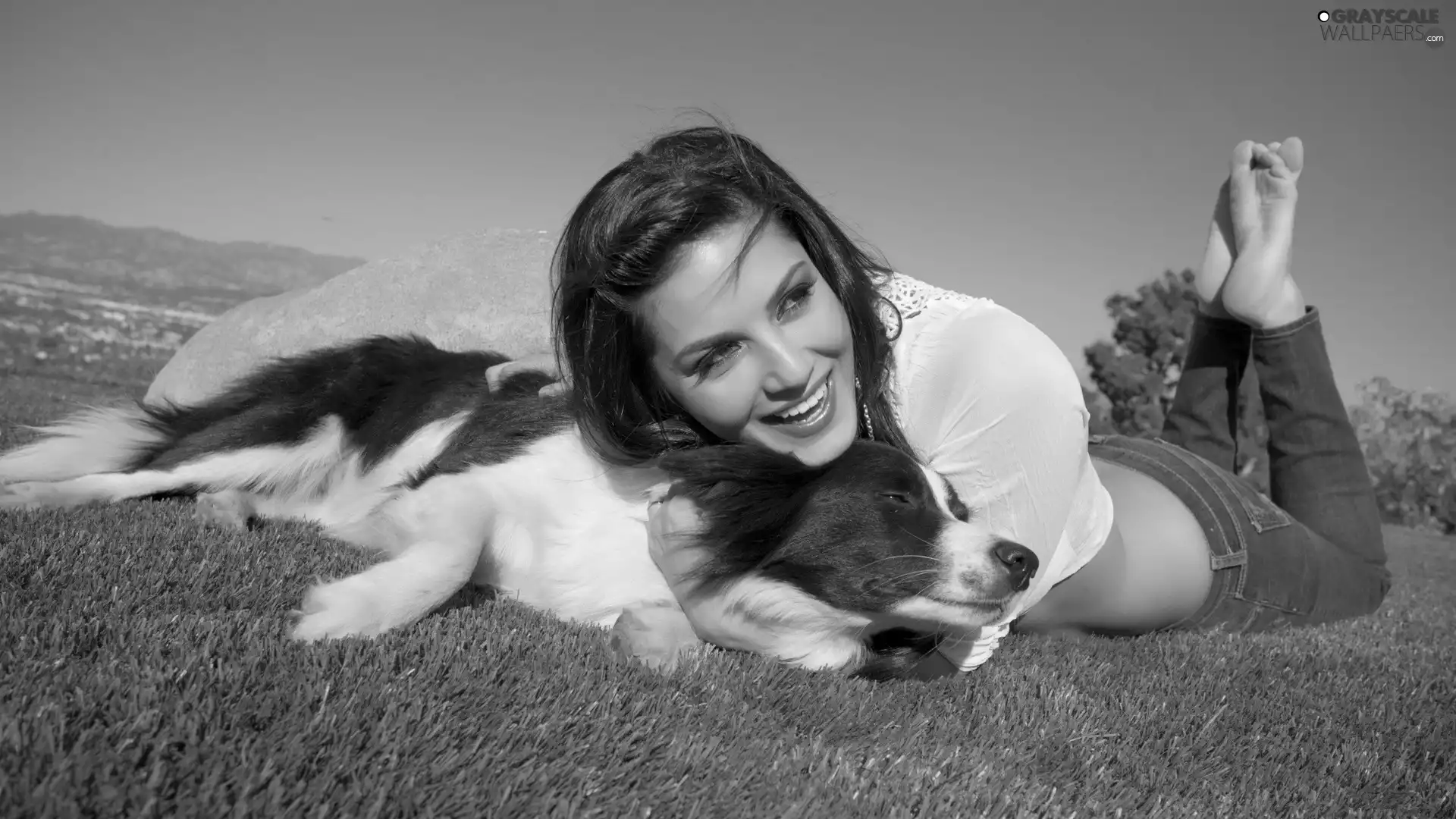 dog, Mountains, girl, Meadow, happy