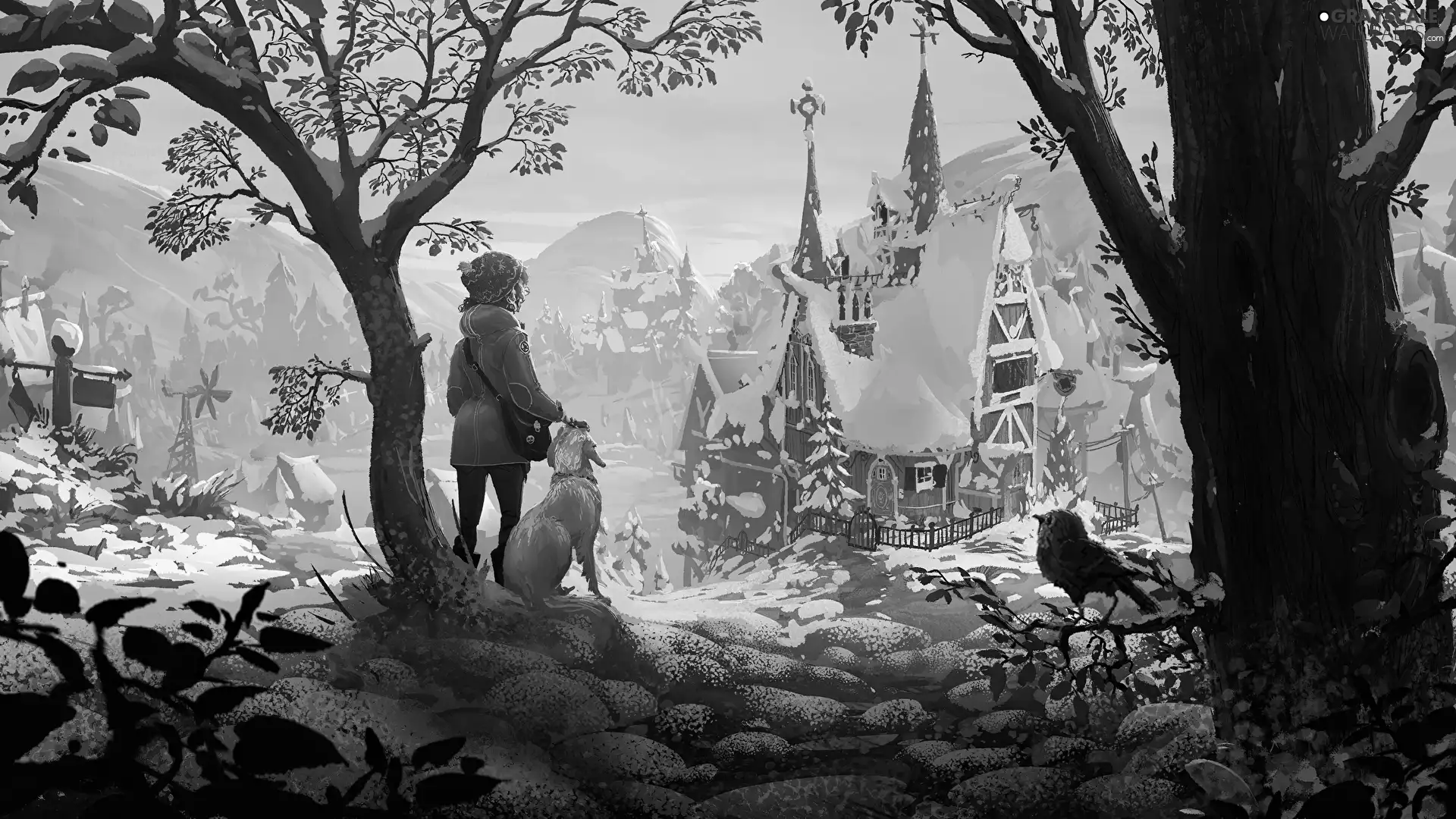 dog, winter, Bird, Castle, girl, graphics, trees, viewes, snow