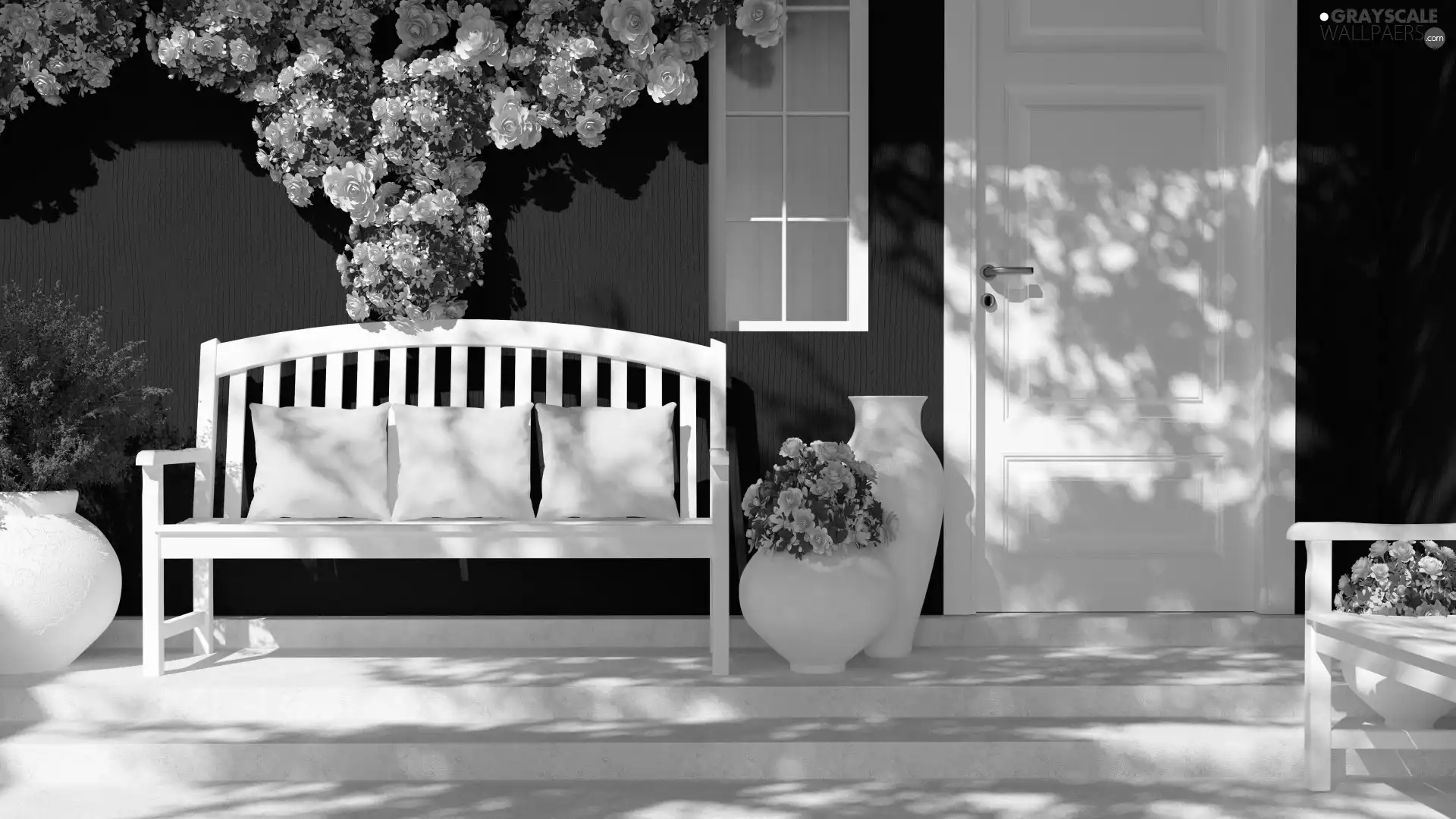 wall, house, Doors, bench, roses, pillows, vases, Yellow, Window