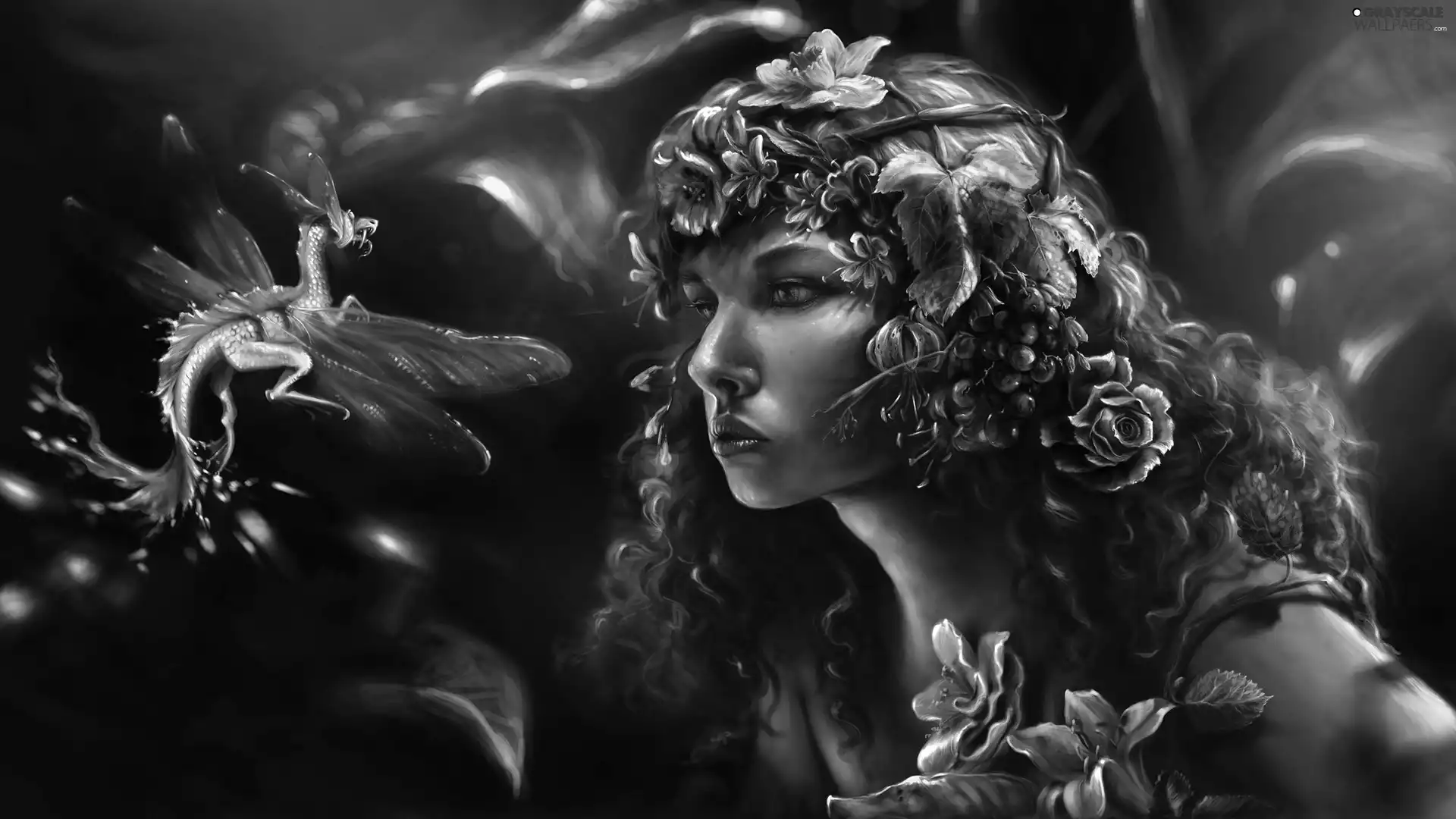 Dragon, girl, Flowers