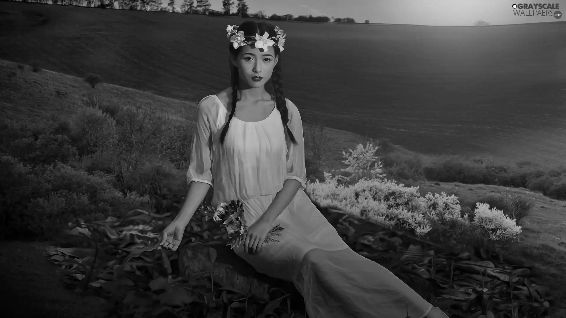 pigtail, graphics, White, dress, wreath, girl