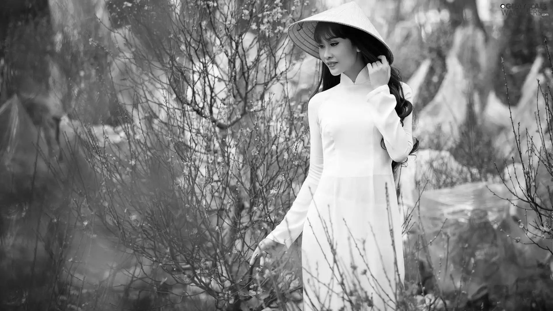 White, Dress, Women, Hat, Asian
