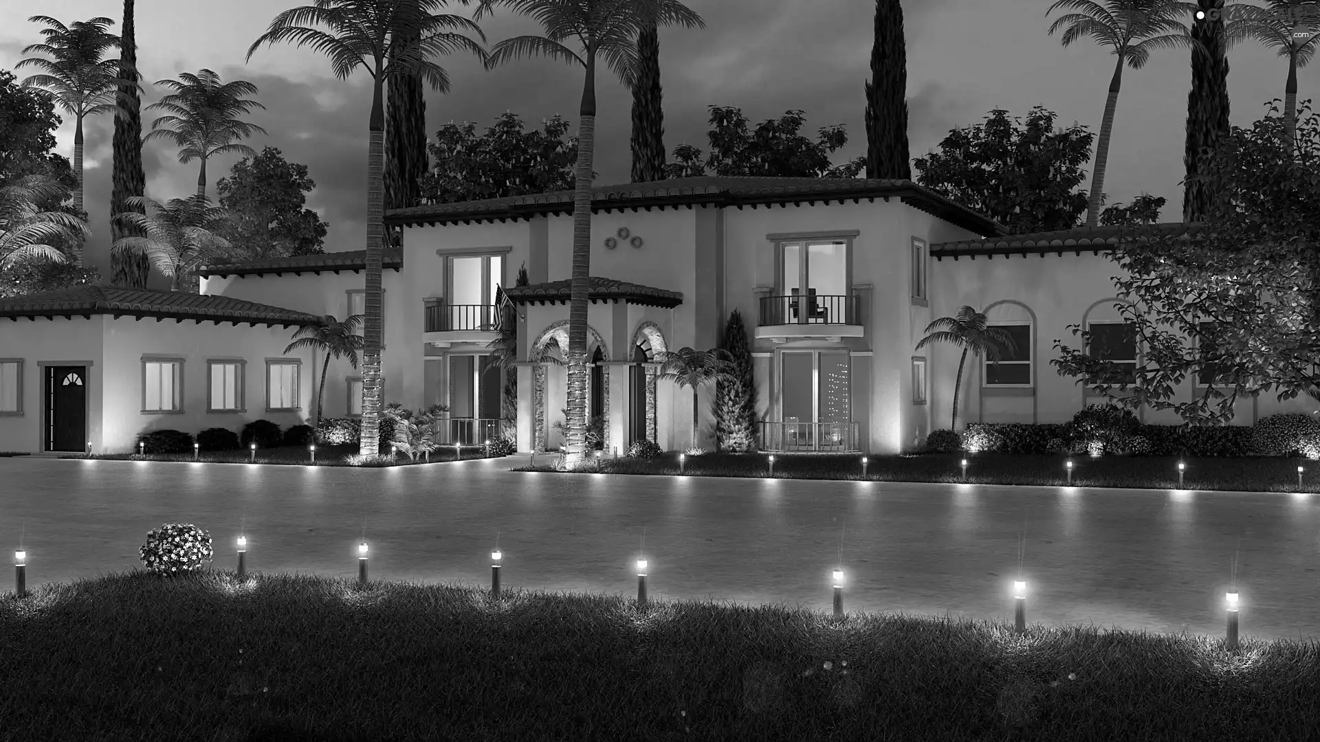 house, Floodlit, driveway, villa