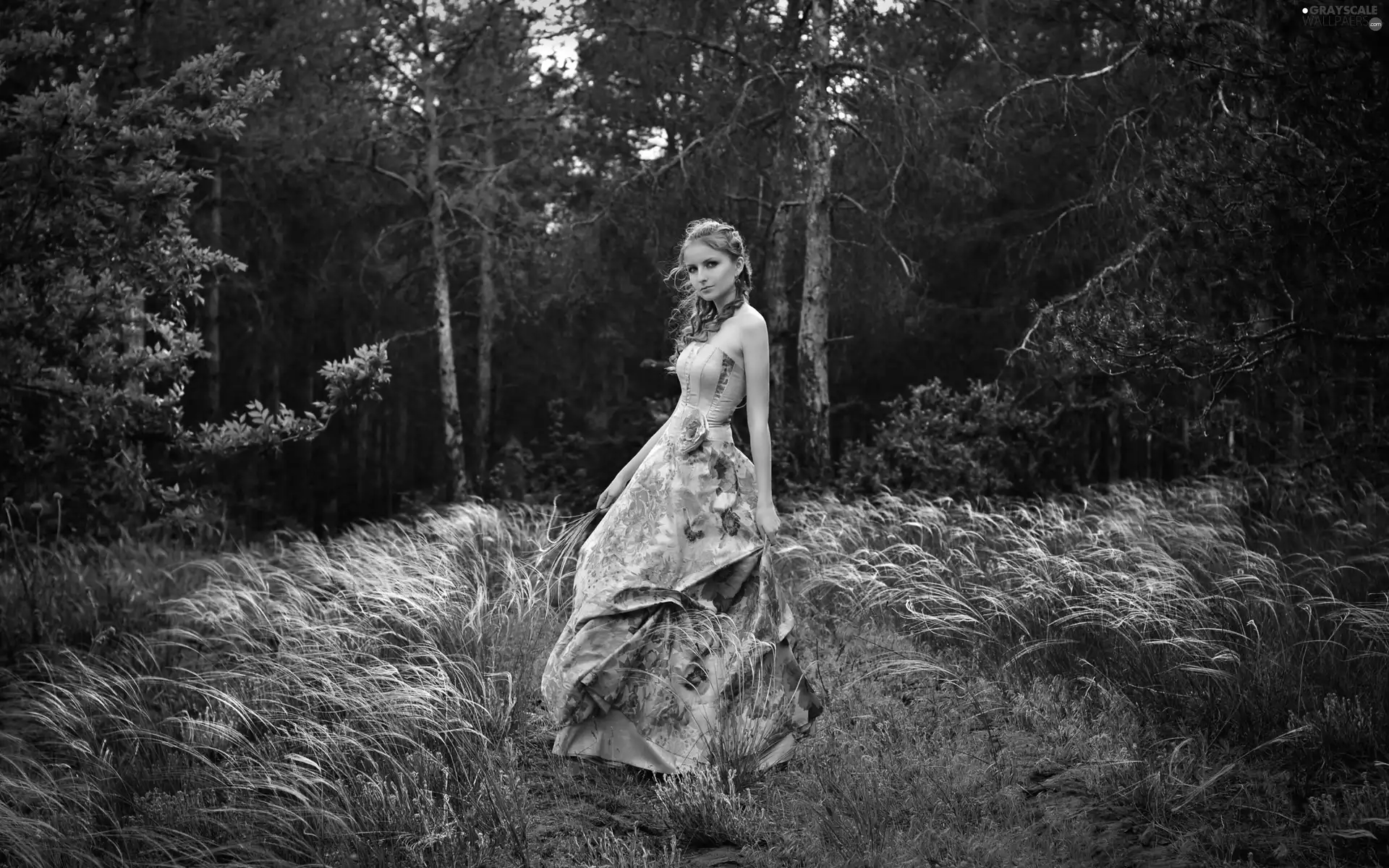 grass, car in the meadow, long, dry, forest, Women, dress