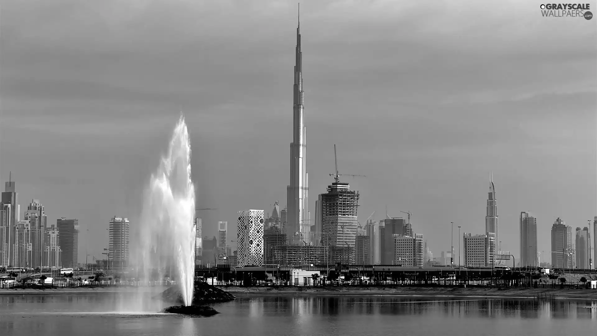 Khalifa, dawn, Dubai, Fountains, panorama, Burj