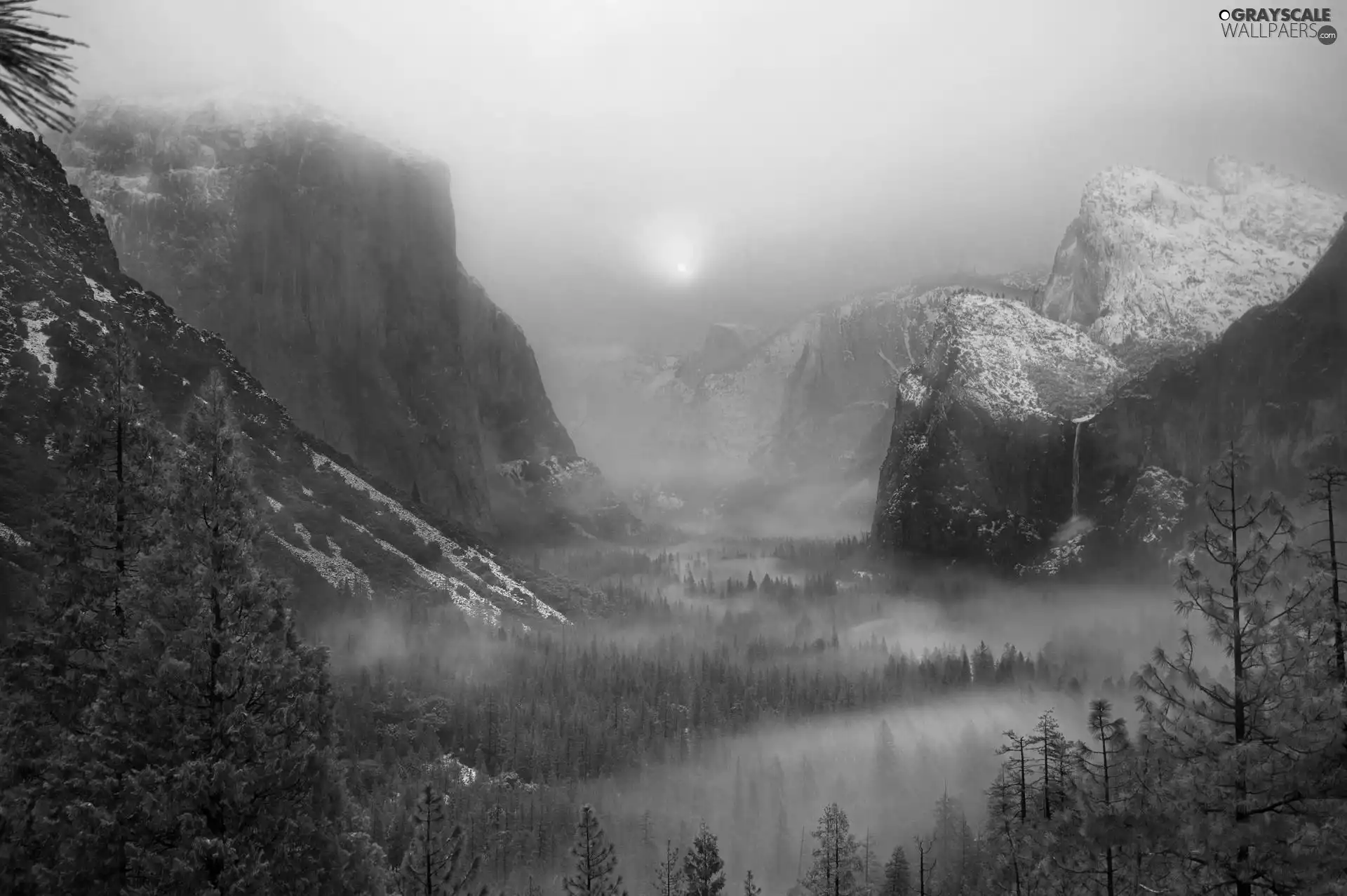 waterfall, Mountains, east, sun, Fog, woods