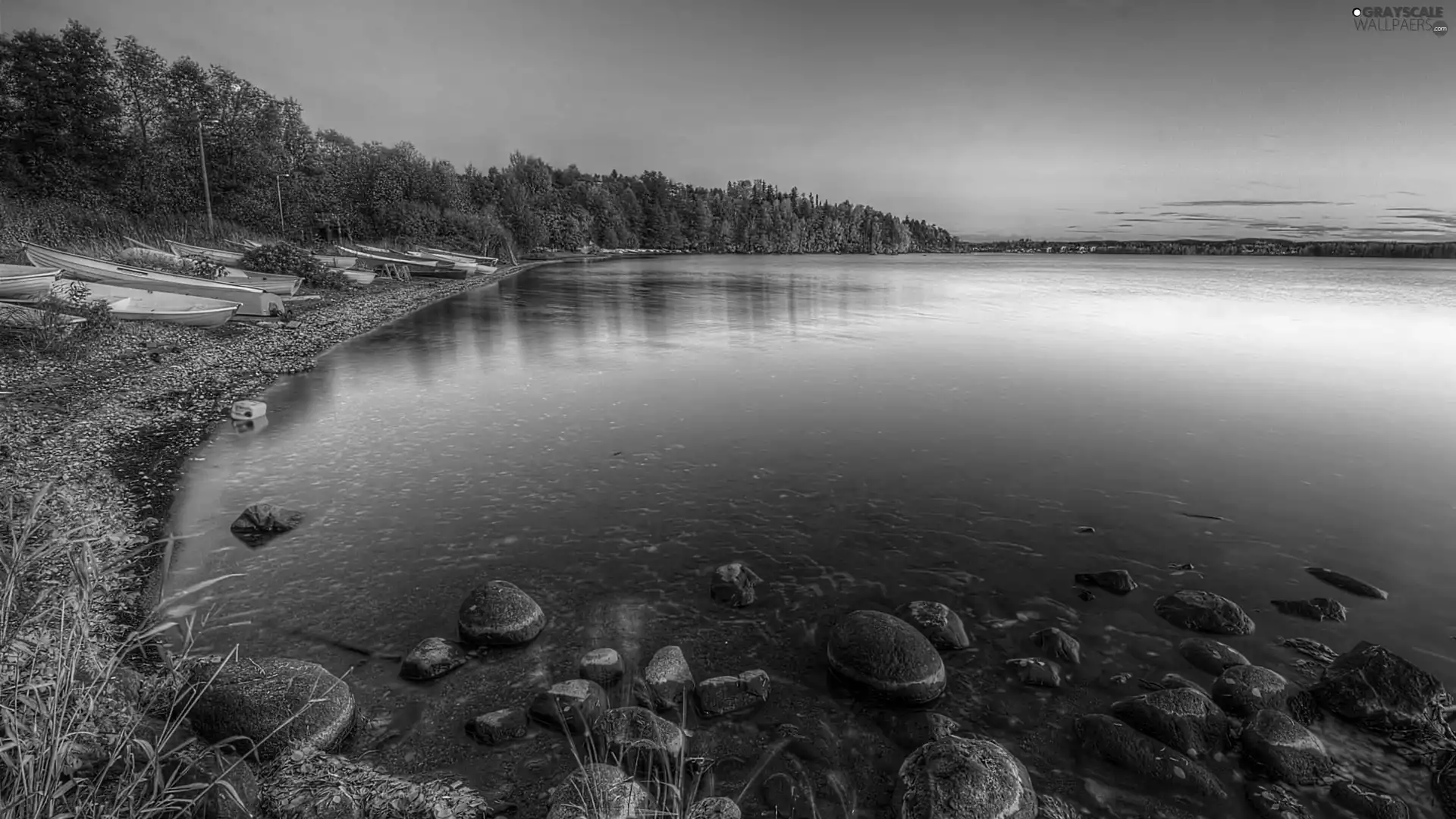 boats, lake, east, sun, forest, Stones