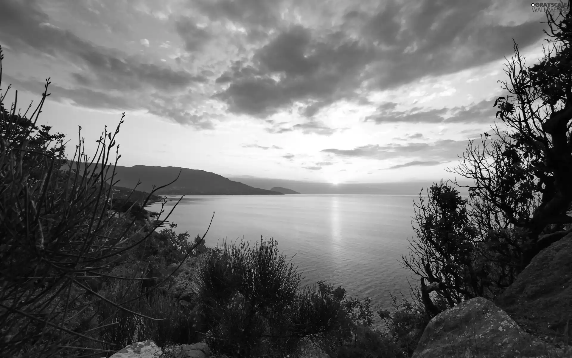 east, sun, Mountains, rocks, lake