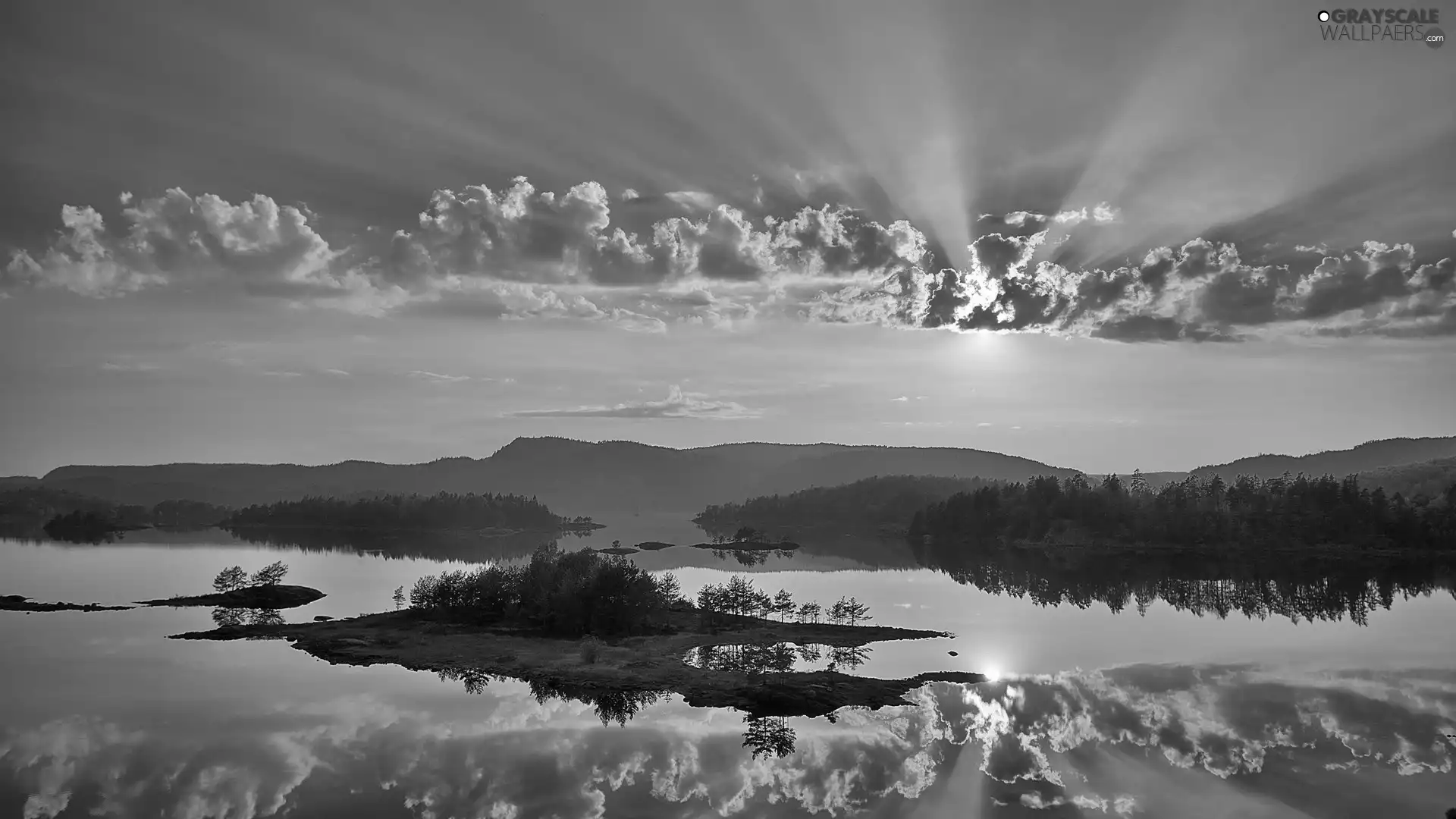 east, sun, lake, Island, Mountains