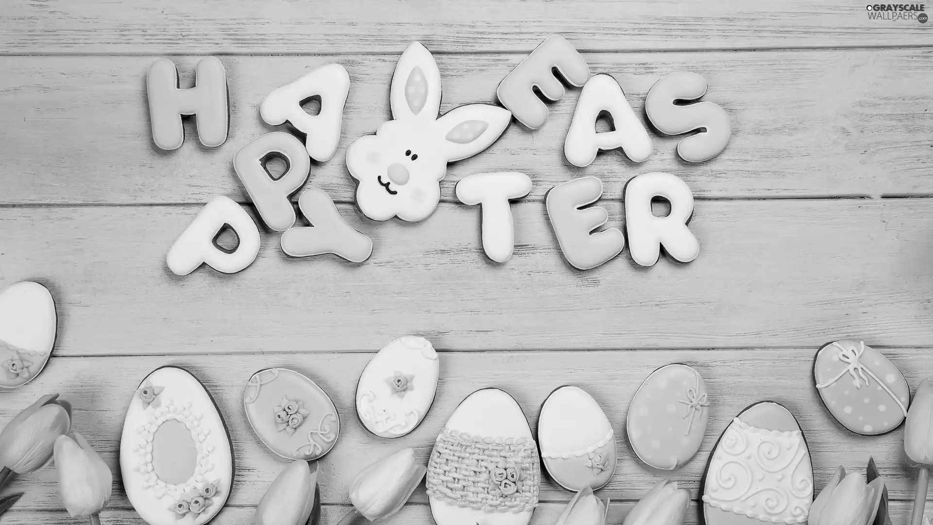 Tulips, eggs, Happy Easter, rabbit, Cookies, text, Easter