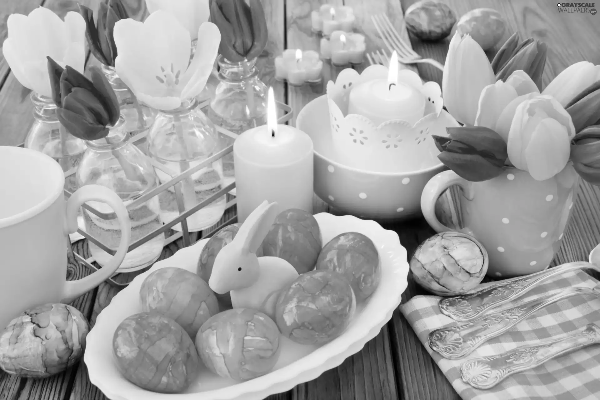 Candles, eggs, Table, Easter, Tulips, rabbit