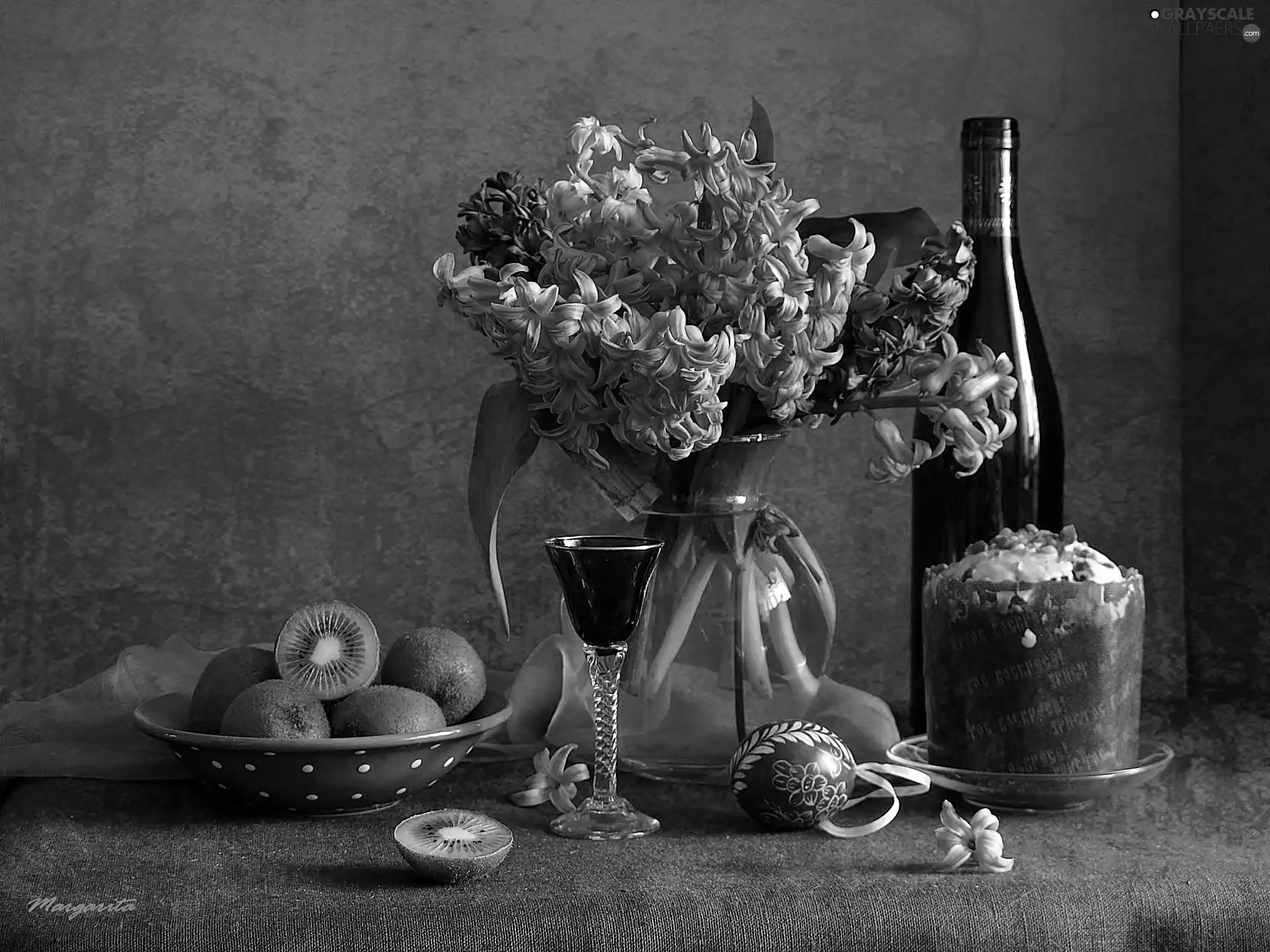 Wine, hyacinths, cake, Red, bouquet, kiwi, Easter egg
