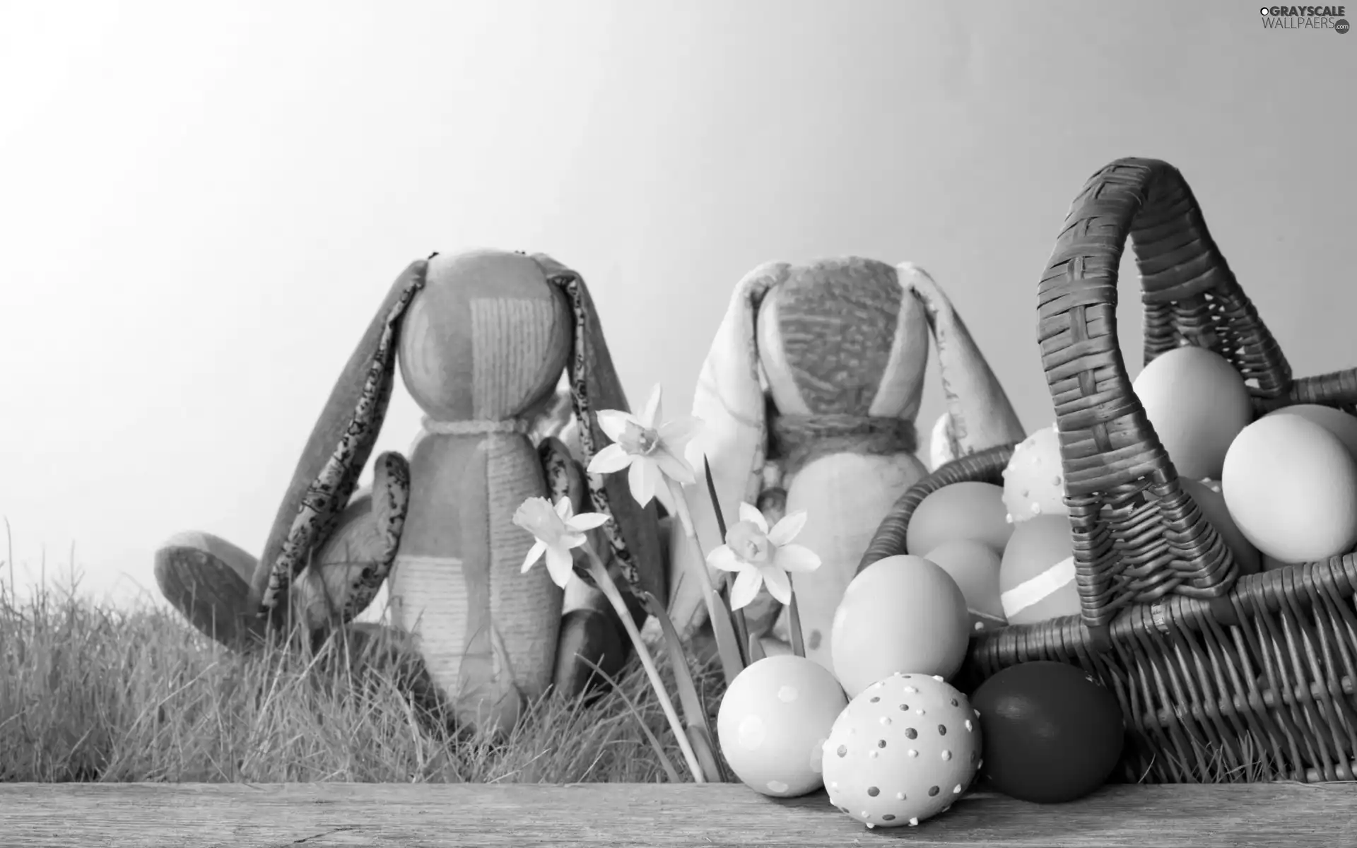 toys, Easter, eggs, Daffodils, basket, Rabbits