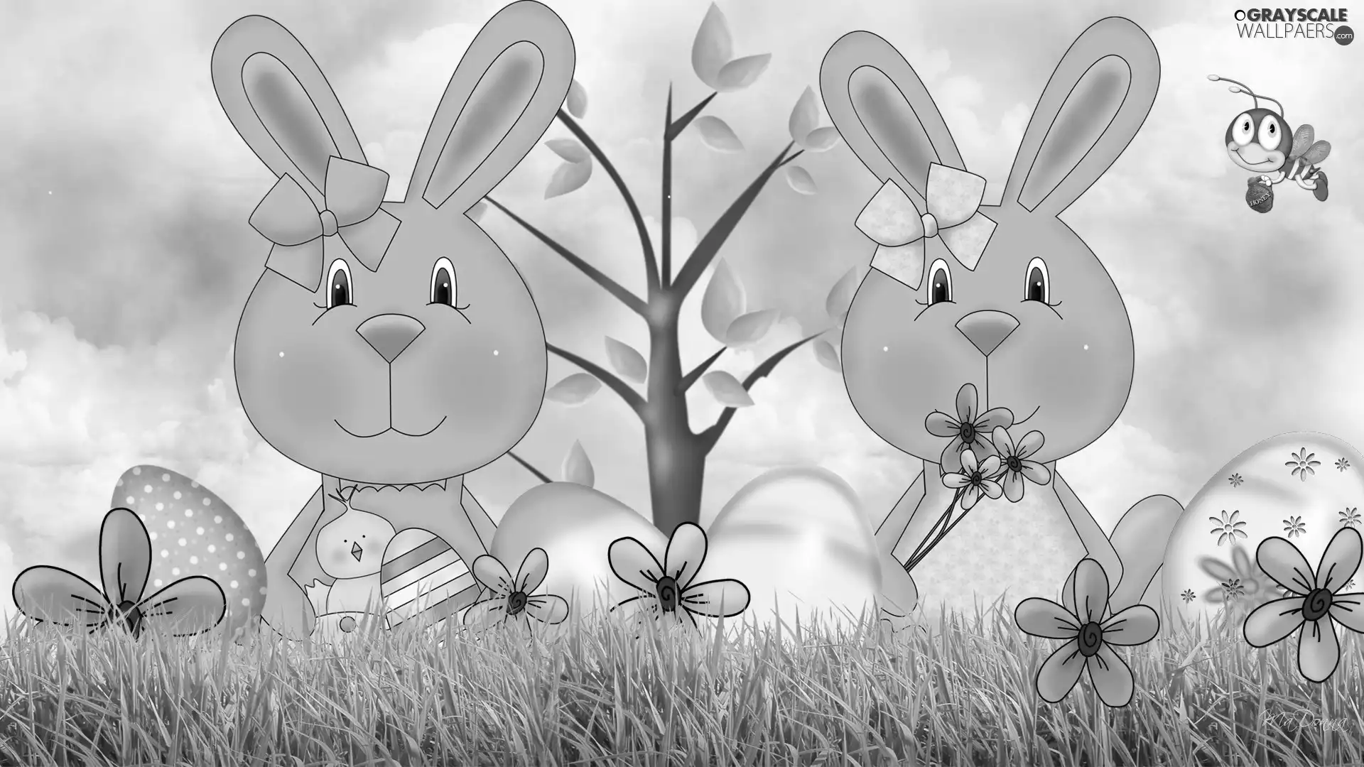 rabbits, Easter, eggs, Flowers, sapling, grass