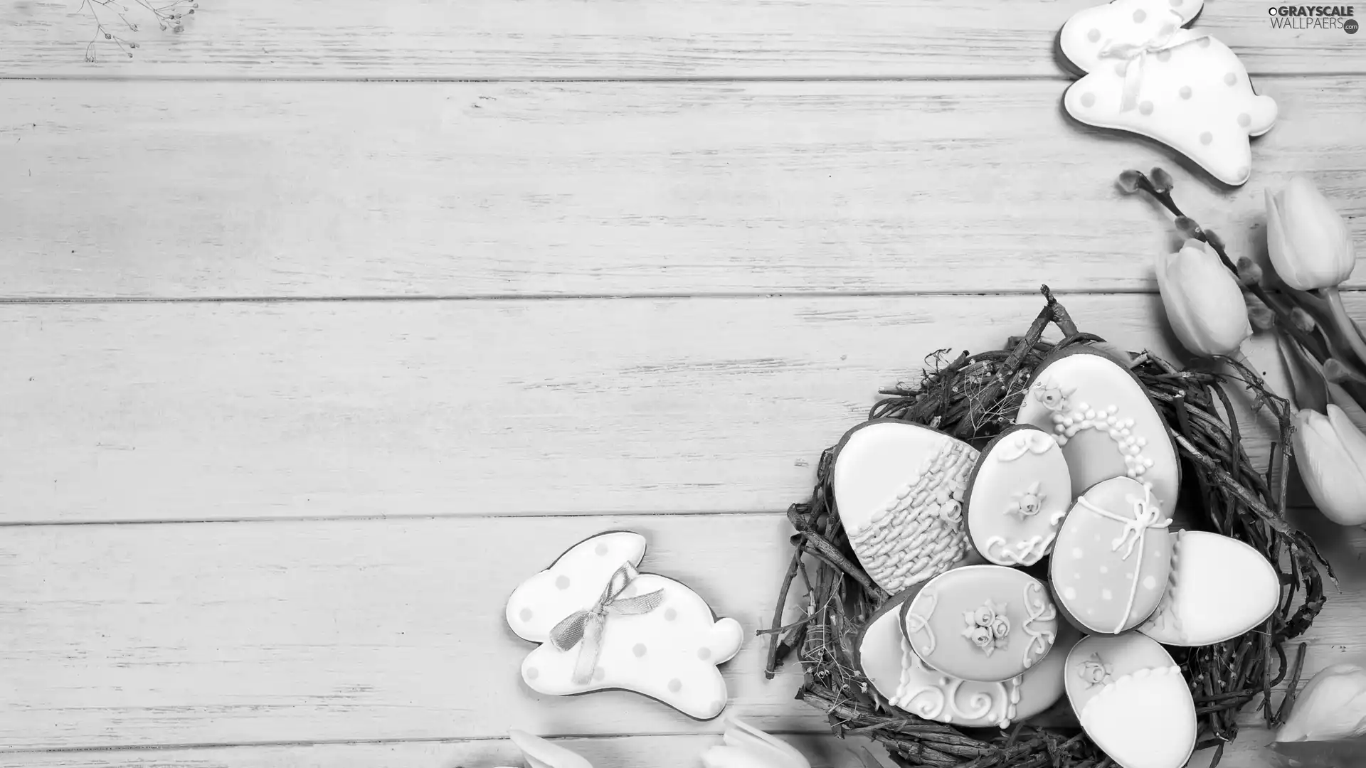 Tulips, Cookies, wreath, eggs, Easter, rabbit, Twigs
