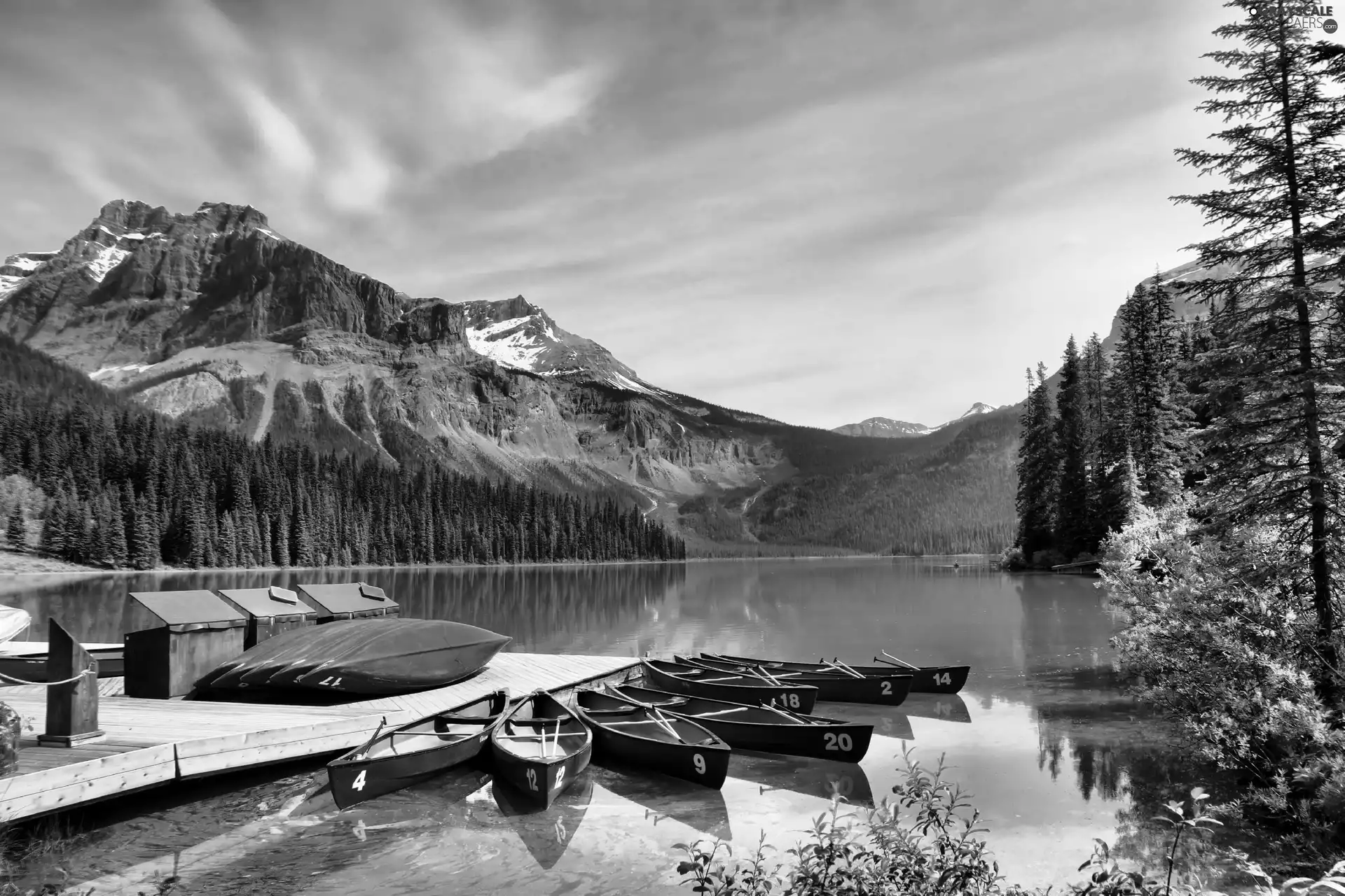 lake, Kayaks, esmerald, Canada, Mountains, Platform