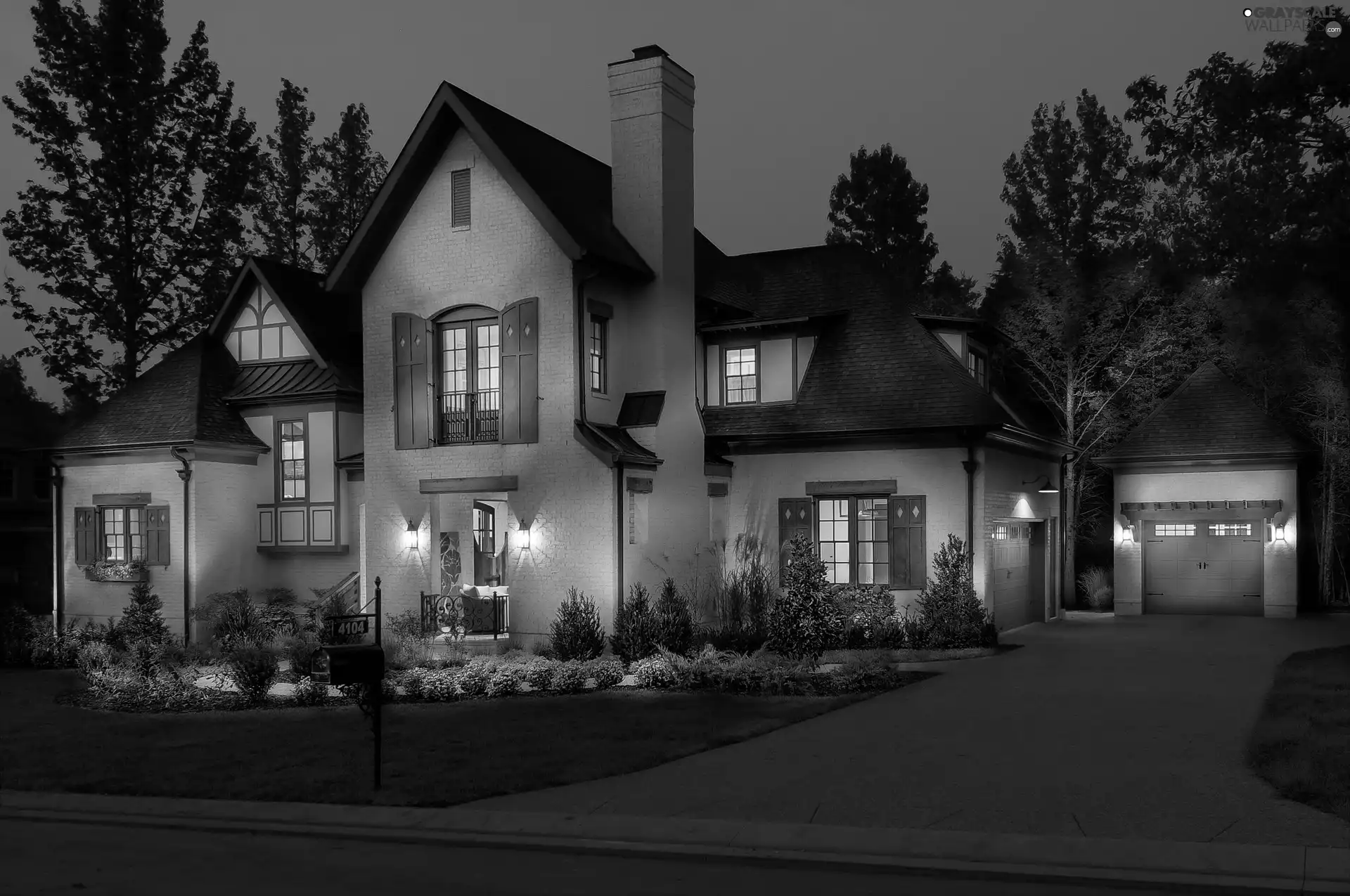 Floodlit, driveway, evening, house