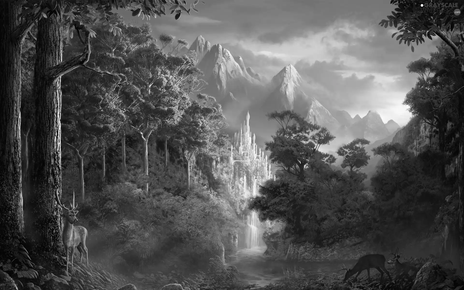 Mountains, Castle, fantasy, River