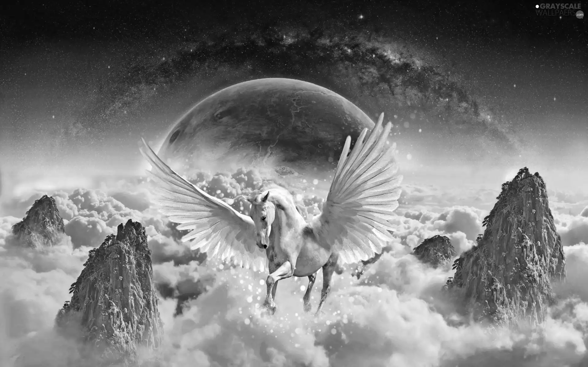 Pegasus, clouds, fantasy, Mountains