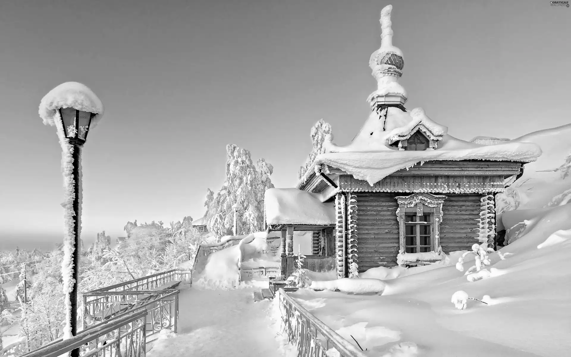 viewes, mountains, Lighthouse, trees, house, fence, winter