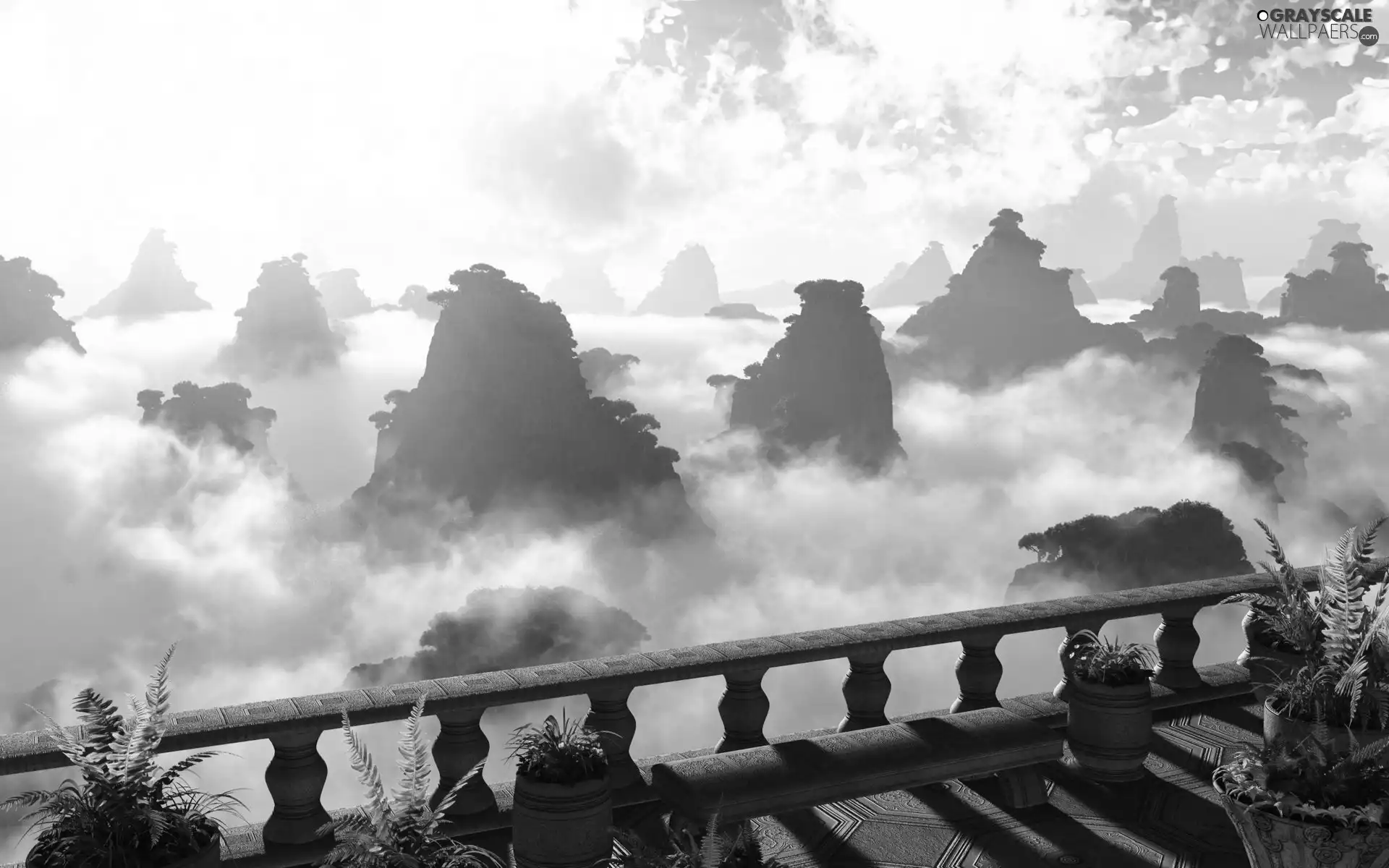 clouds, Balcony, fern, rocks