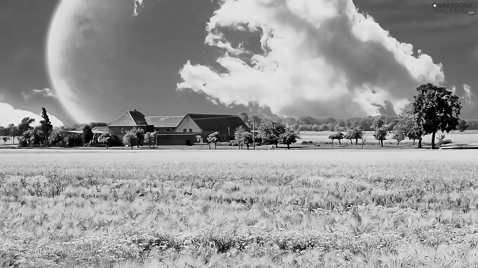 viewes, house, field, clouds, farm, trees