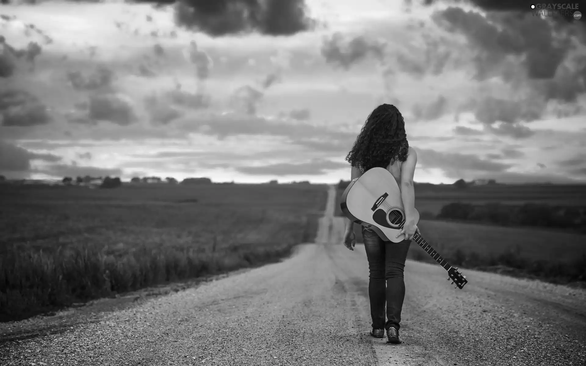 field, clouds, Guitar, Way, girl