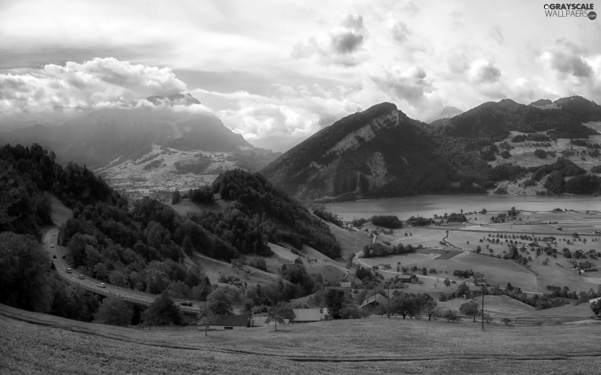 field, clouds, River, Way, Mountains