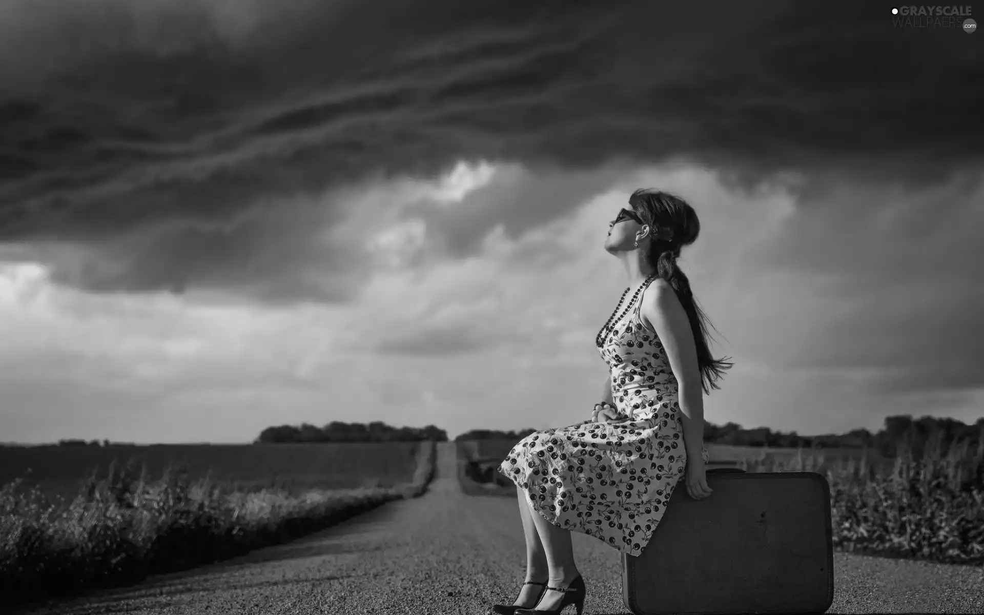 case, Women, Field, clouds, Way, jewellery