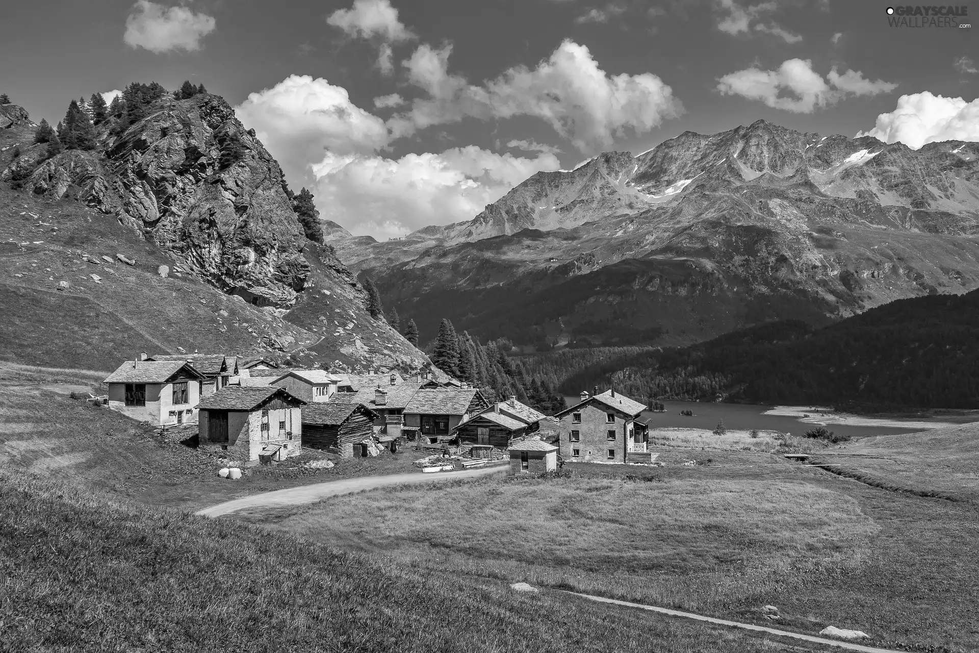 village, farm, lake, Houses, Valley, Rocks, Mountains, field