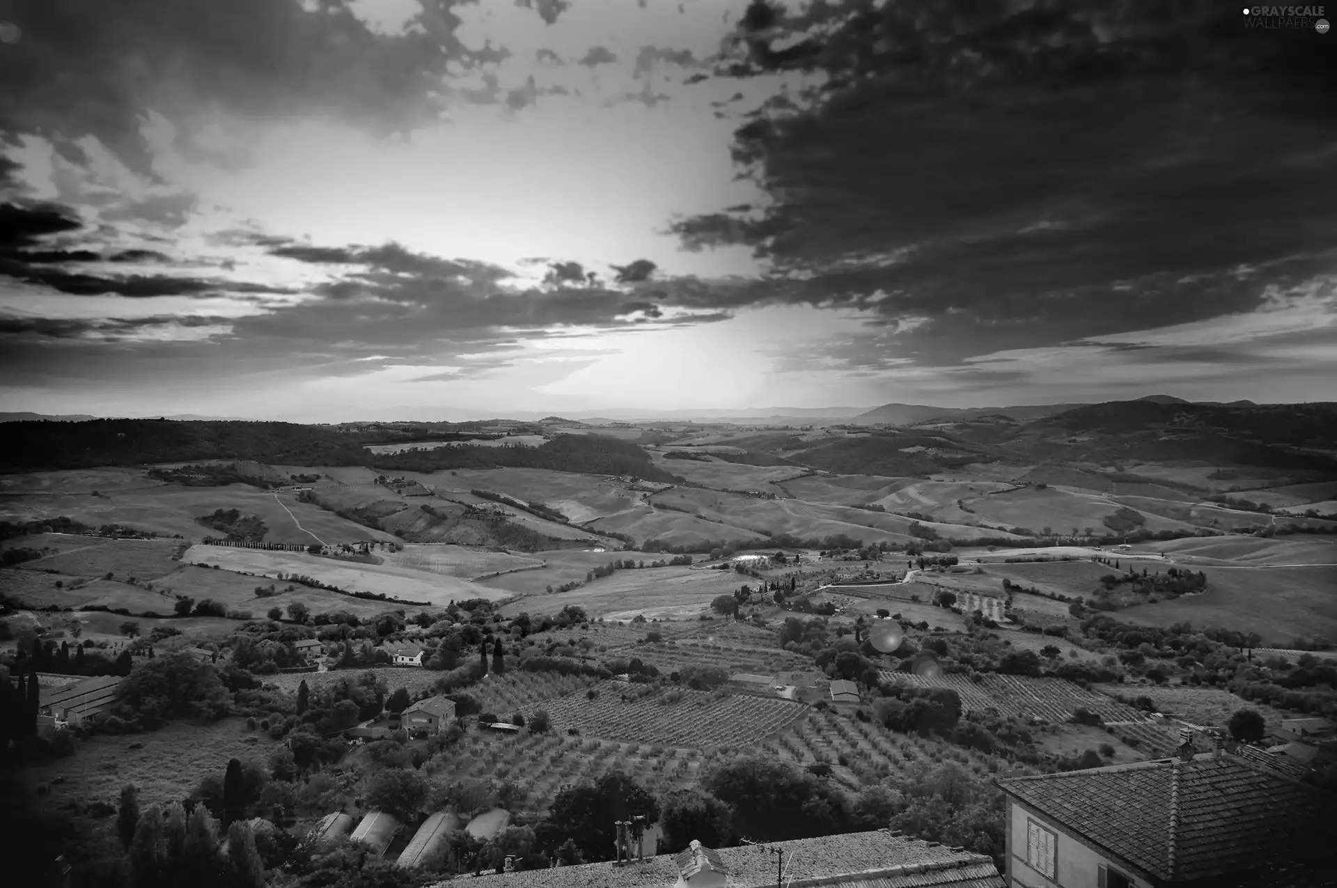 field, medows, sun, Houses, west