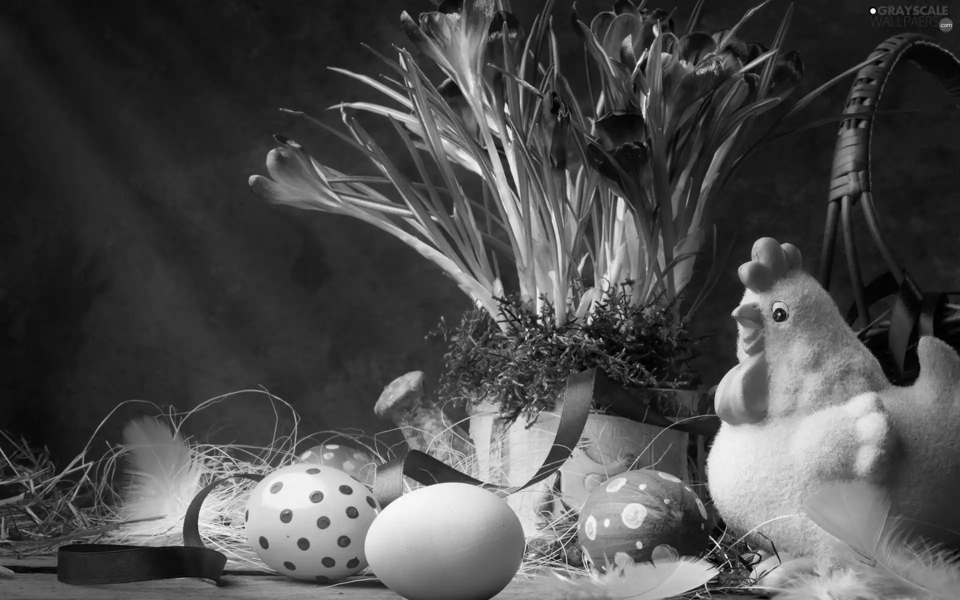 Flowers, Easter, figure, feather, crocuses, eggs