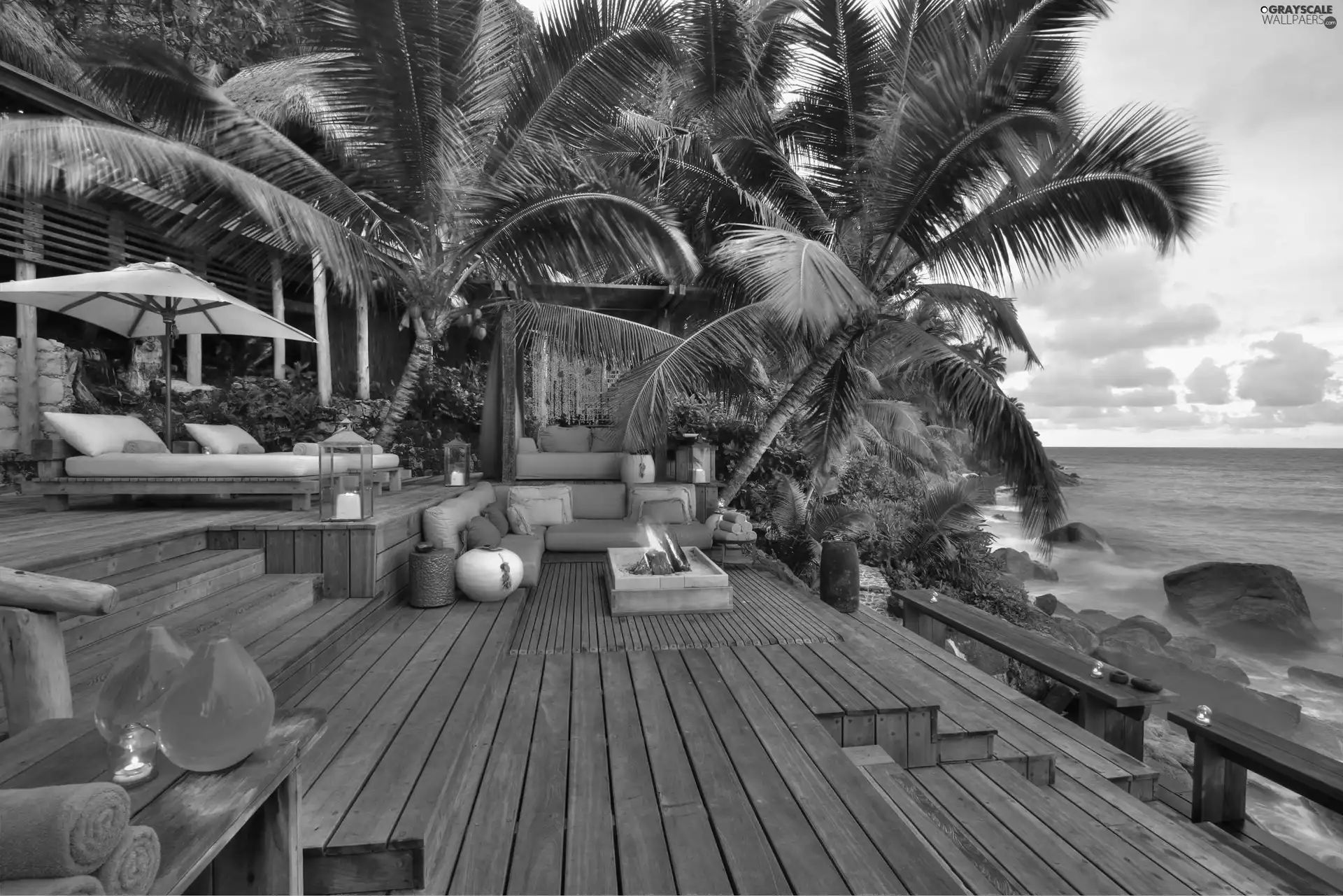 fire, Palms, clouds, sea, Sky, couch, Hotel hall, Stones