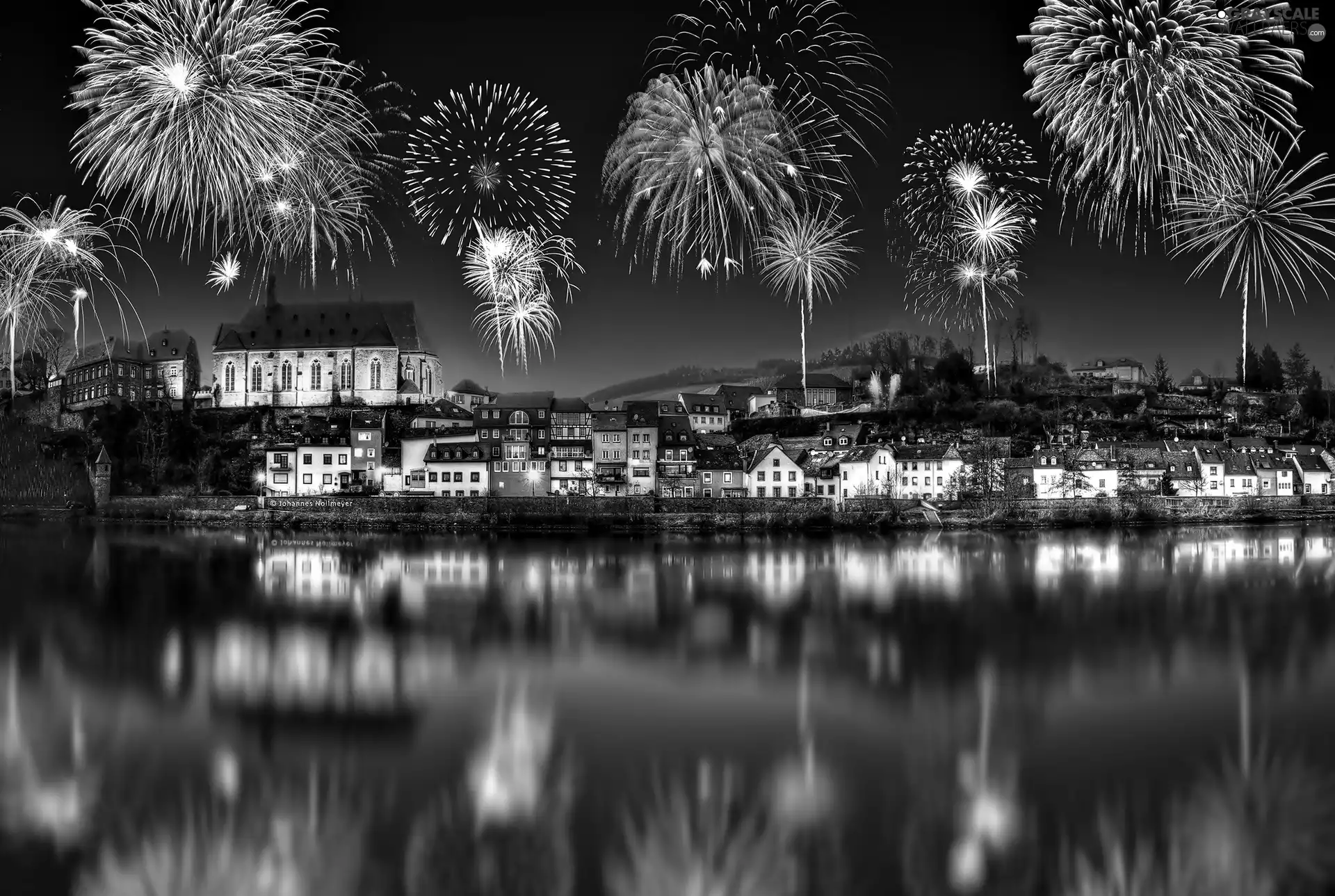 fireworks, reflection, Town, Night, New Year