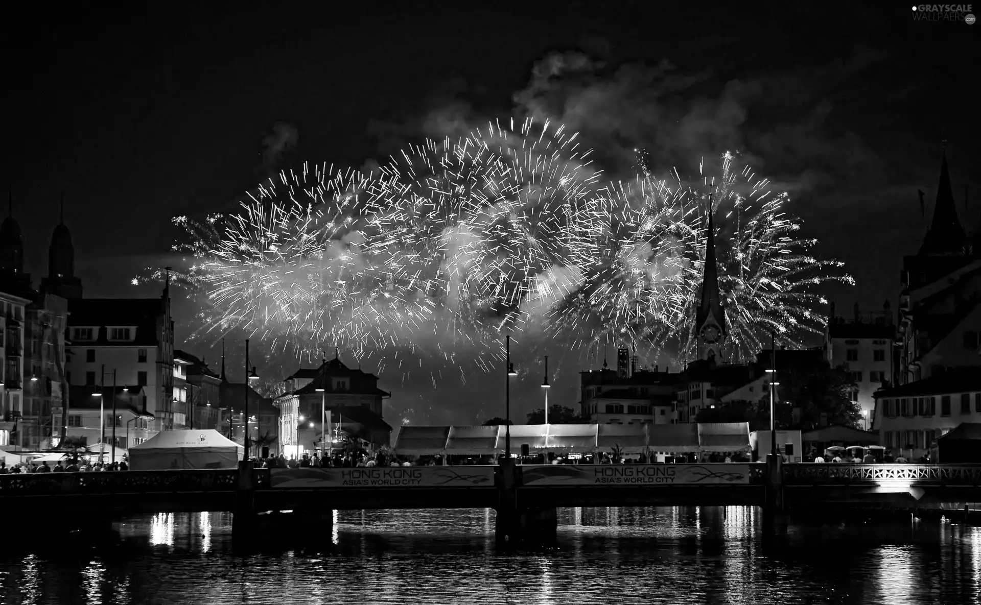 fireworks, Town, River