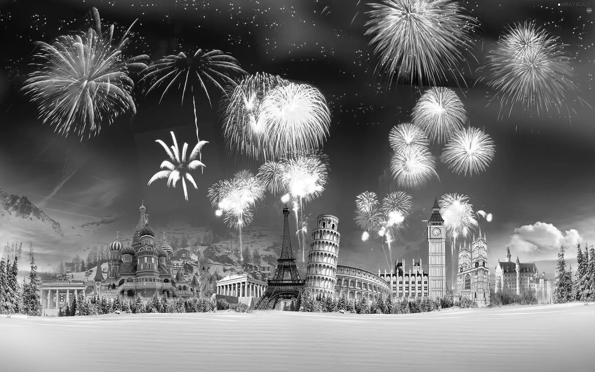 winter, Mountains, fireworks, structures