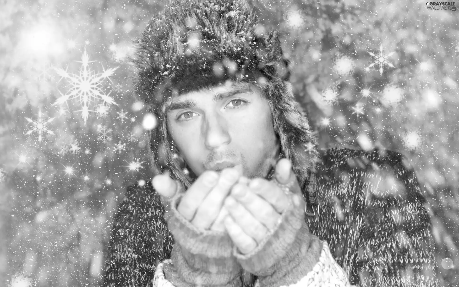 flakes, Snow, hands, Hat, a man
