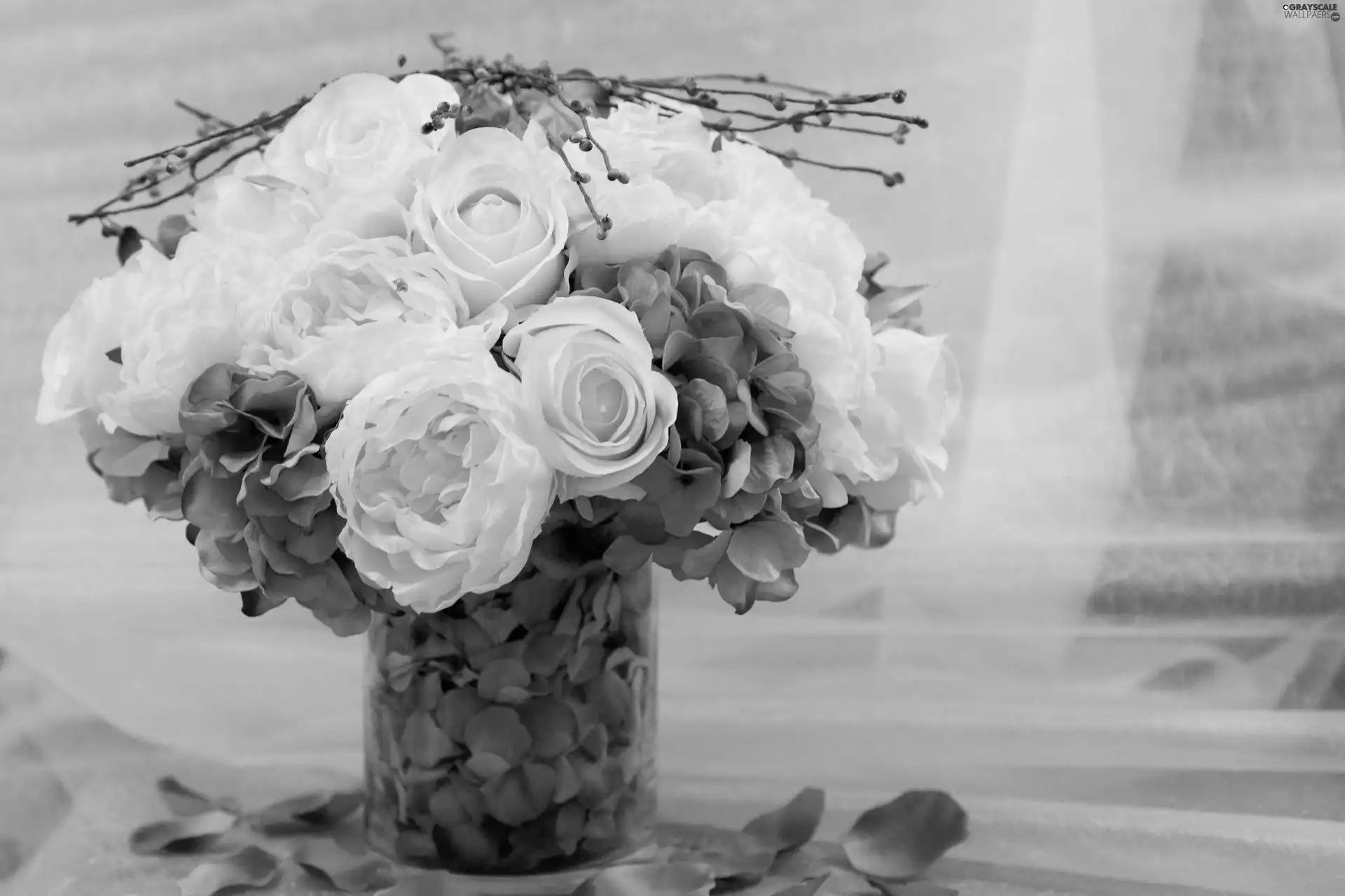 flakes, Vase, bouquet, roses, Flowers