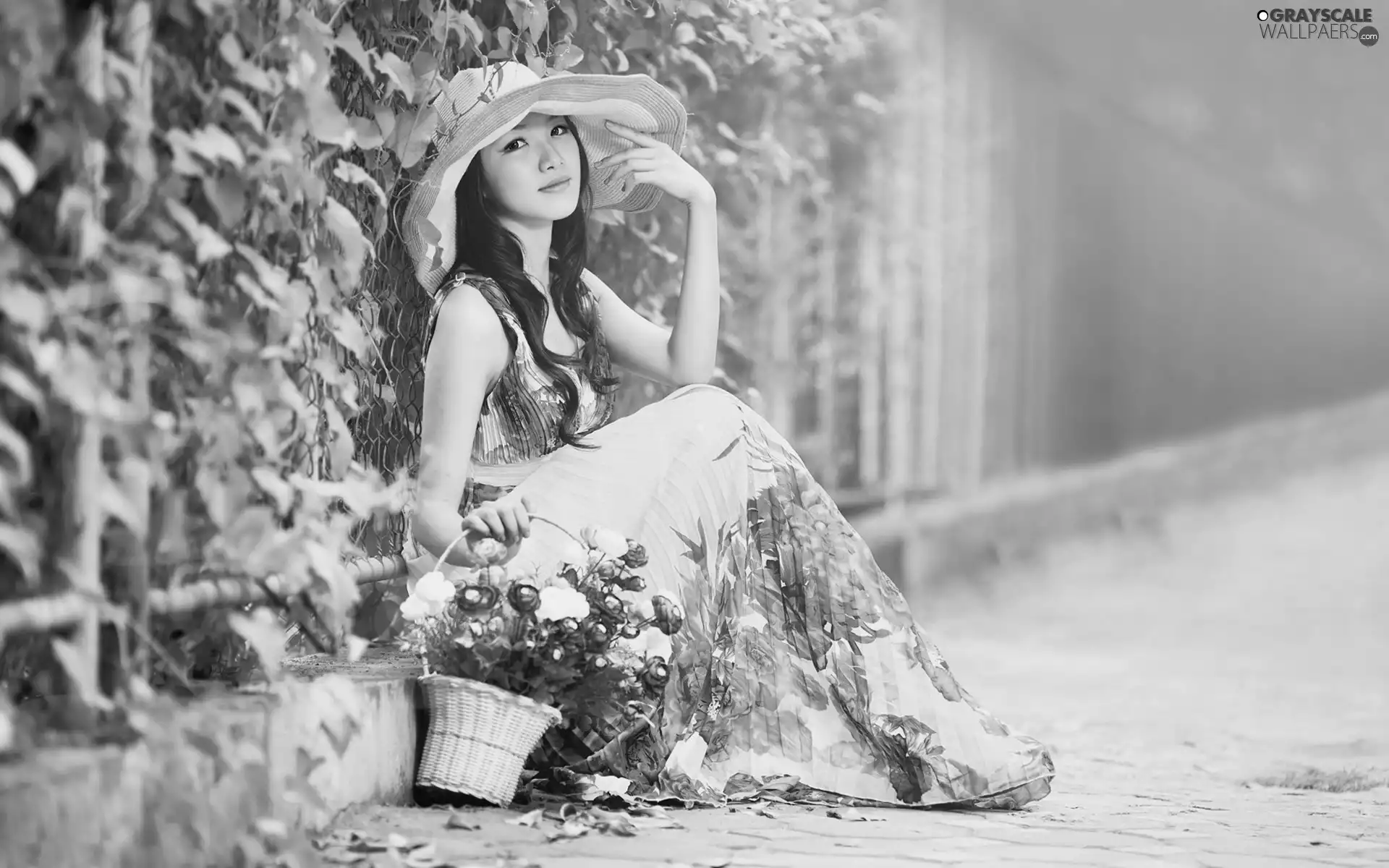 Hat, young, Floral, dress, long, Women