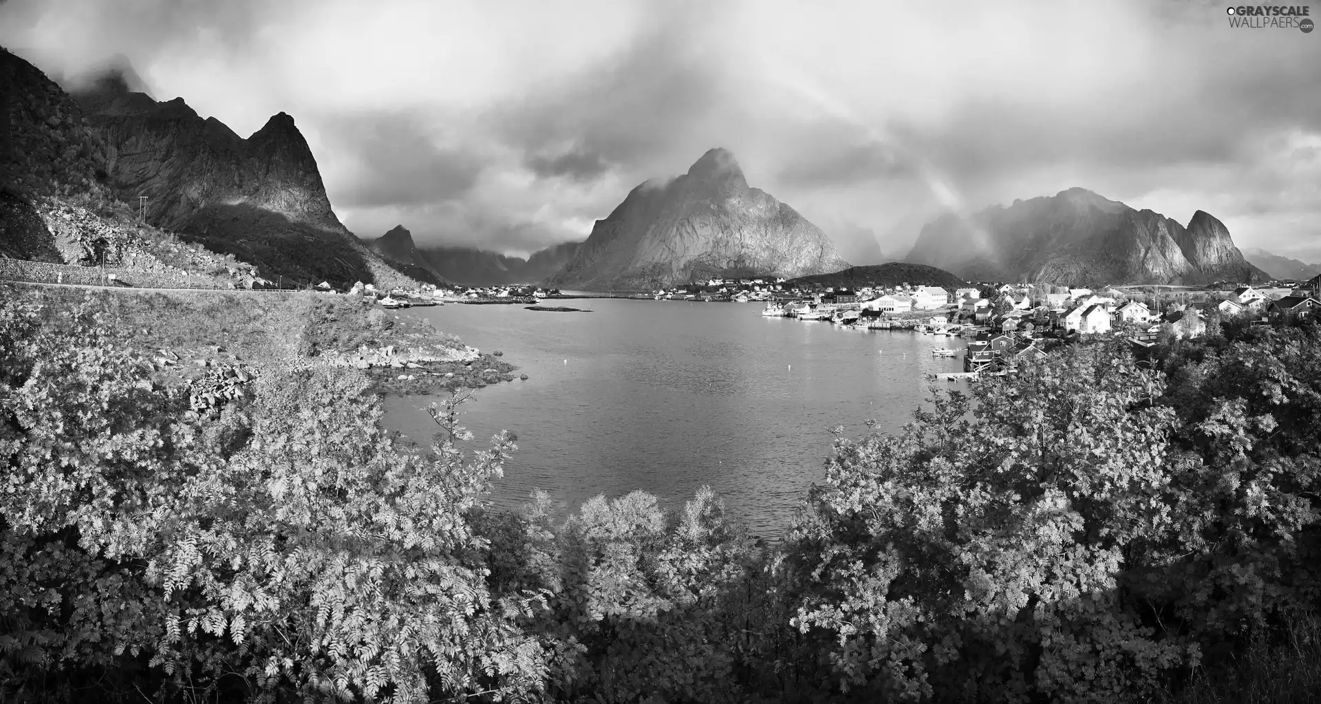 flourishing, Bush, lake, Great Rainbows, Mountains