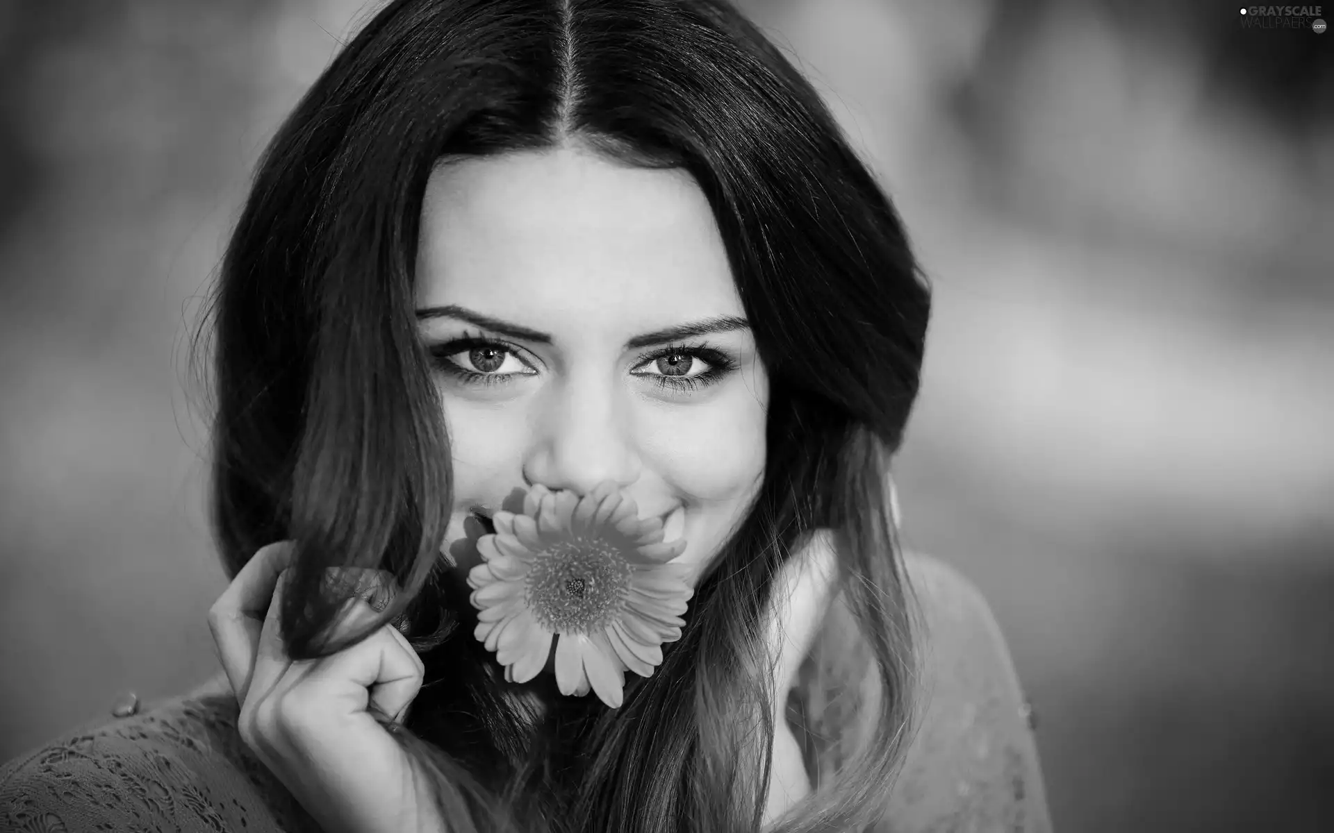 smiling, make-up, Flower, brunette