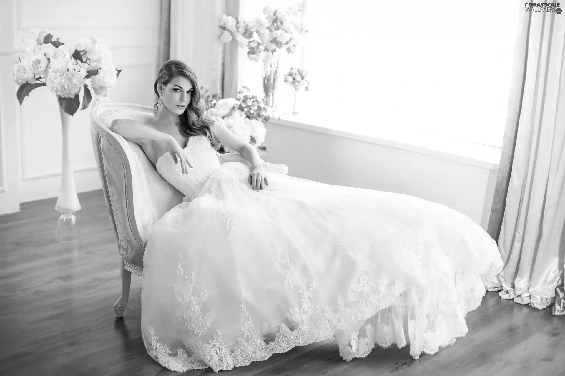 Dress, Women, Armchair, Flowers, wedding, young lady