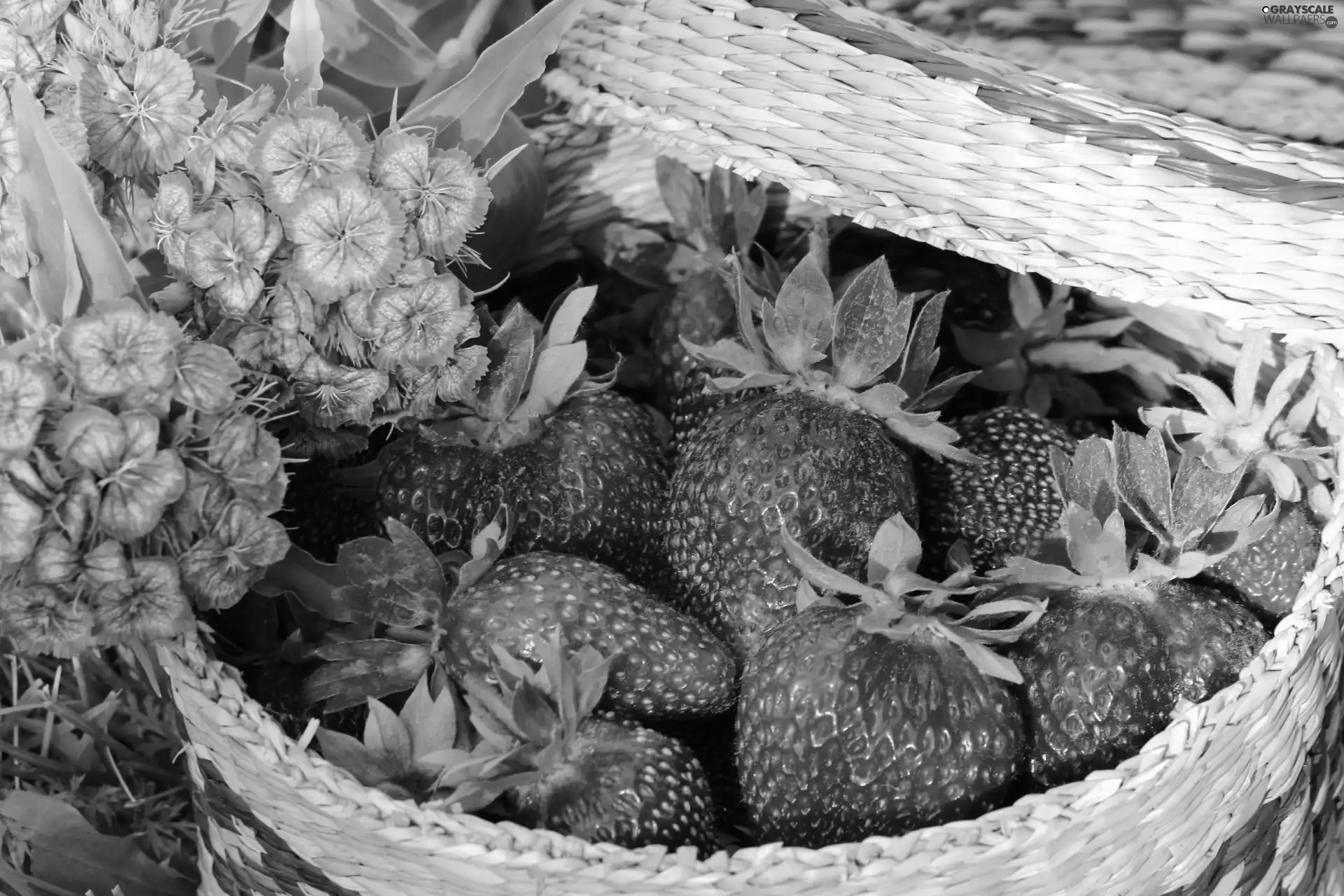 Flowers, strawberries, basket