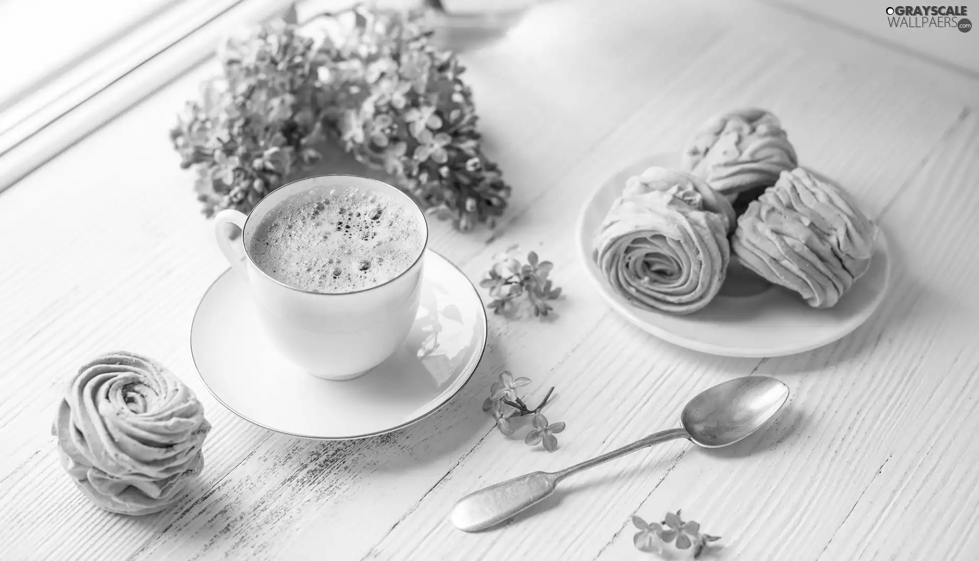 plate, teaspoon, boarding, Foams, without, coffee, cup, Flowers
