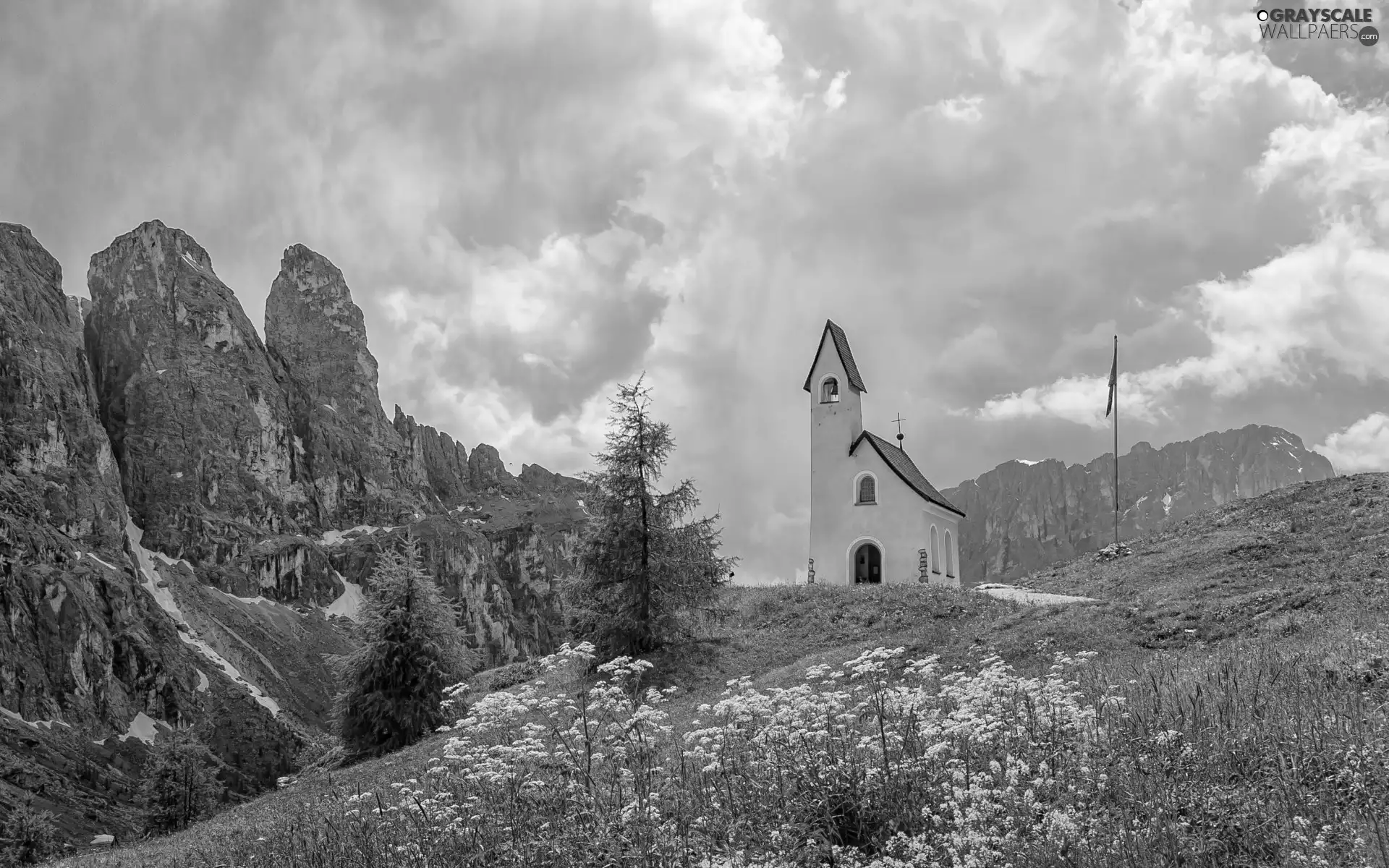 church, Meadow, Flowers, Mountains