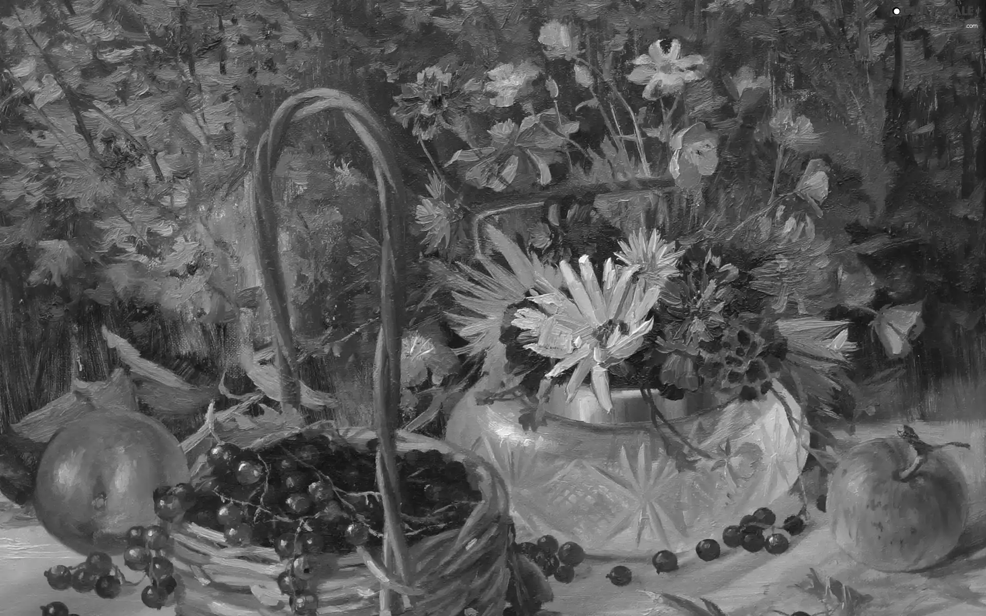 bouquet, picture, apples, composition, painting, flowers, currants