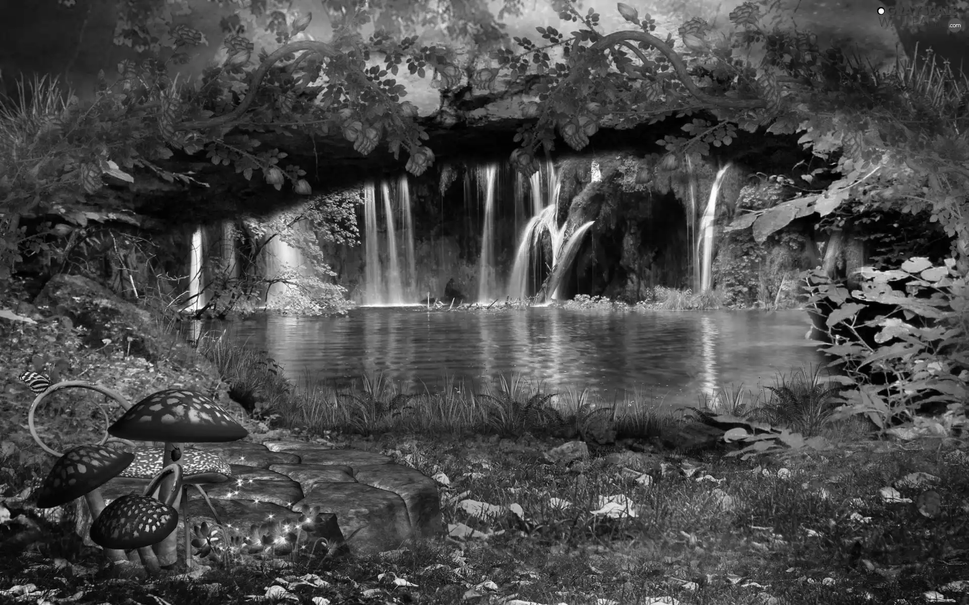 forest, green, Flowers, waterfall