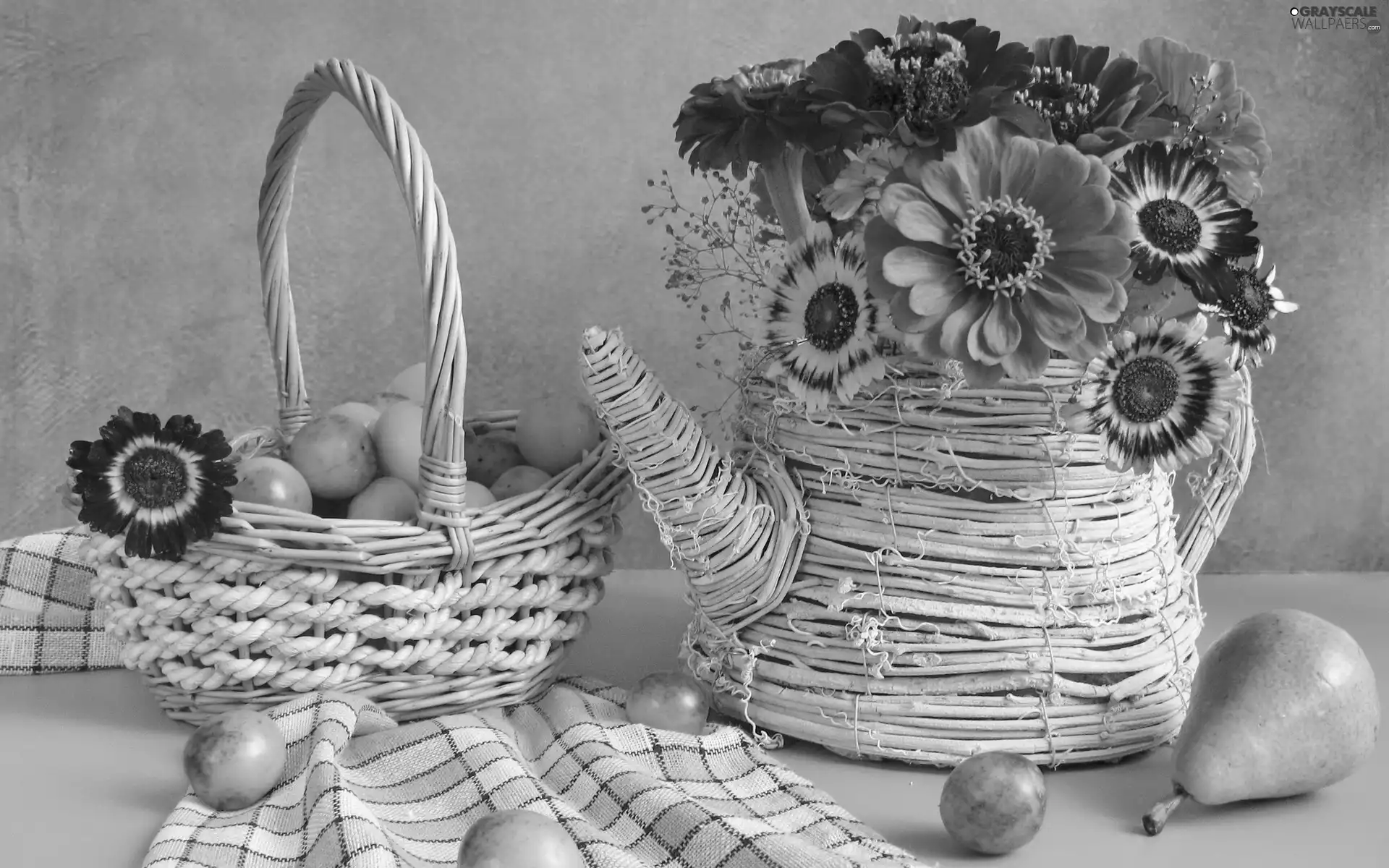 Flowers, wicker, Fruits