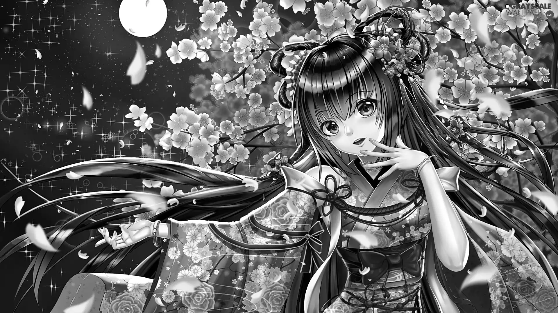 girl, Anime, graphics, Flowers